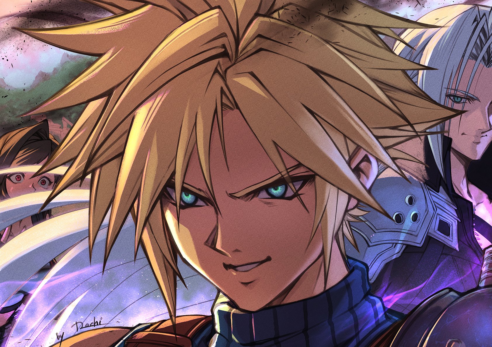mochi mangaka, cloud strife, sephiroth, tifa lockhart, final fantasy, final fantasy vii, highres, 1girl, 2boys, armor, artist name, black coat, blonde hair, blue eyes, blue shirt, brown hair, chest strap, coat, evil smile, fingerless gloves, furrowed brow, gloves, glowing, glowing eyes, grey hair, hair between eyes, long hair, male focus, multiple boys, outstretched hand, parted lips, pauldrons, possessed, red eyes, sharp teeth, shirt, shoulder armor, single bare shoulder, single pauldron, sleeveless, sleeveless turtleneck, slit pupils, smile, solo focus, suspenders, sweatdrop, teeth, turtleneck, upper body, wide-eyed