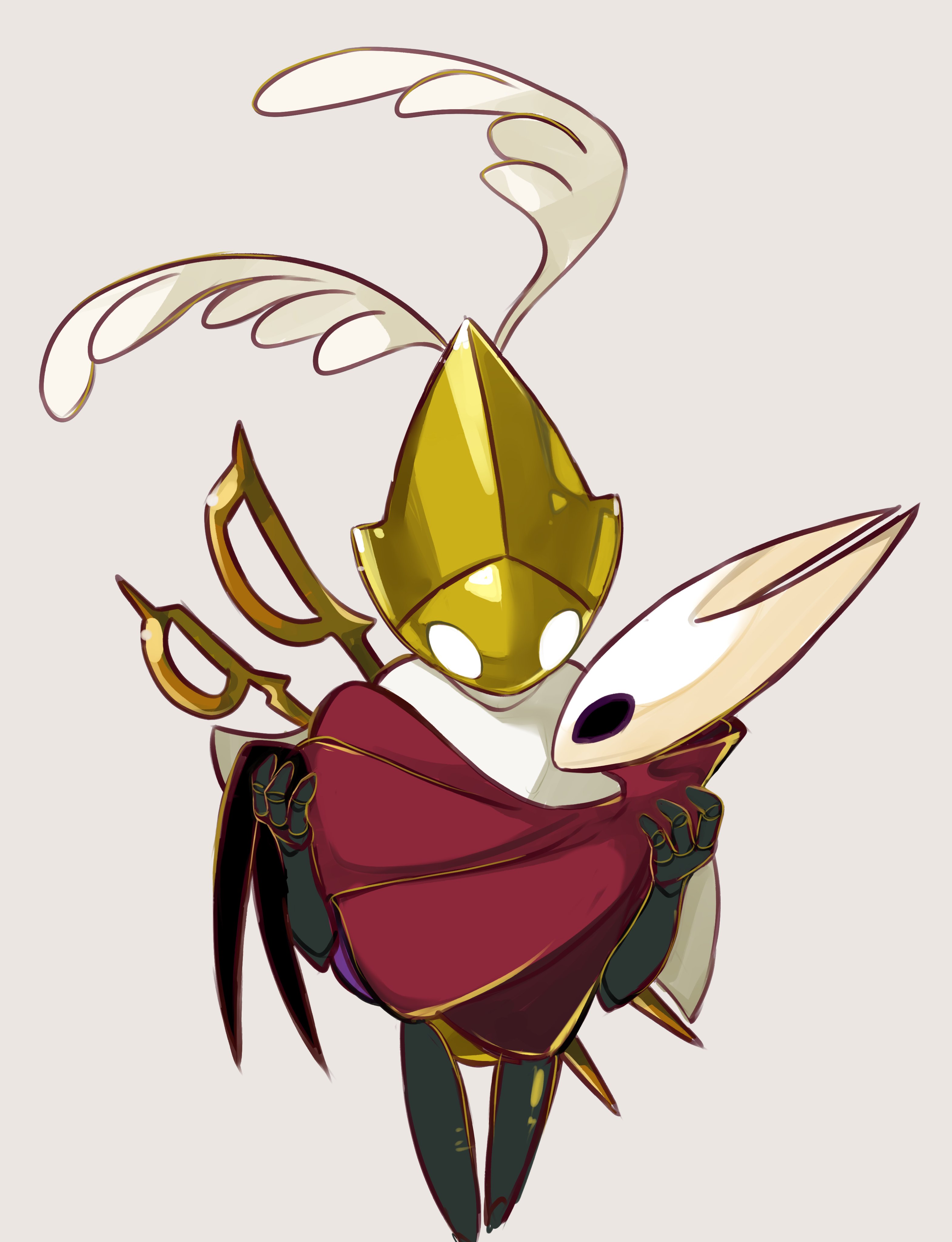 red knight (thescarlknight), hollow knight, hollow knight: silksong, absurdres, commentary request, highres, korean commentary, 1girl, 1other, arthropod girl, arthropod limbs, black skin, carrying, cloak, colored skin, cropped legs, full body, glowing, glowing eyes, hollow eyes, horned mask, looking at another, mask, no humans, no mouth, over shoulder, princess carry, red cloak, reverse grip, second sentinel (hollow knight), simple background, sword, weapon, weapon over shoulder, white background, white cloak, white eyes, white mask