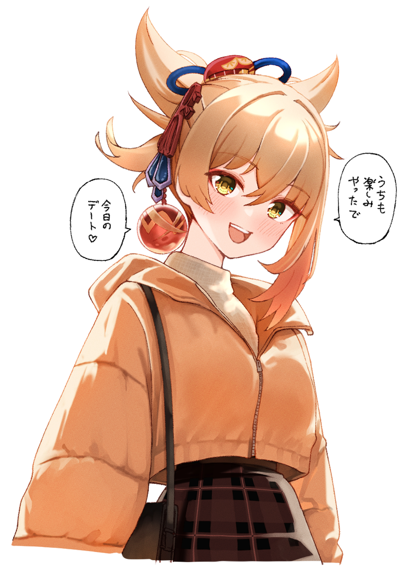 tft (tft7822), yoimiya (genshin impact), genshin impact, commentary request, highres, translation request, 1girl, :d, alternate costume, bag, blonde hair, blush, brown skirt, casual, coat, contemporary, cowboy shot, hair between eyes, hair intakes, hair ornament, handbag, happy, heart, hood, hood down, hooded coat, looking at viewer, open mouth, orange coat, plaid clothes, plaid skirt, sidelocks, simple background, skirt, smile, solo, speech bubble, sweater, teeth, turtleneck, turtleneck sweater, upper teeth only, white background, white sweater, yellow eyes, zipper
