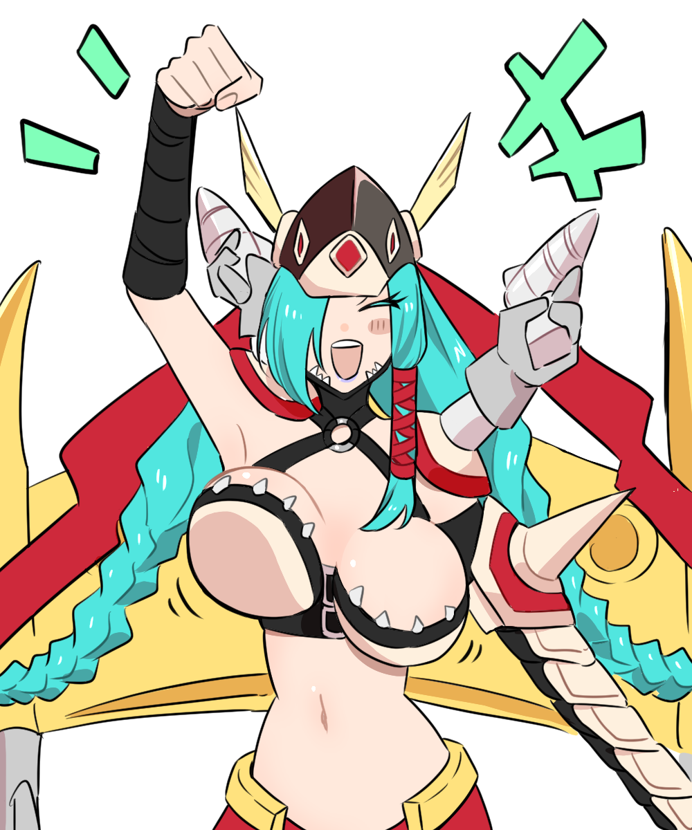 jetmervamon, mervamon, digimon, digimon xros wars, commentary, highres, +++, 1girl, aqua hair, arm snake, arm up, arm wrap, armpits, bikini, bikini top only, blush stickers, bouncing breasts, braid, breasts, cape, cleavage, clenched hand, closed eyes, cowboy shot, digimon (creature), extra arms, gun, hair between eyes, hair over one eye, hair ribbon, helmet, holding, holding gun, holding weapon, large breasts, living weapon, long hair, mechanical wings, motion lines, navel, notice lines, o-ring, o-ring top, open mouth, oredesu (723natundayo), red cape, red ribbon, ribbon, shoulder pads, sidelocks, simple background, smile, solo, standing, stomach, swimsuit, teeth, tress ribbon, twin braids, twitter username, upper teeth only, waist cape, watermark, weapon, white background, white bikini, winged helmet, wings, yellow eyes