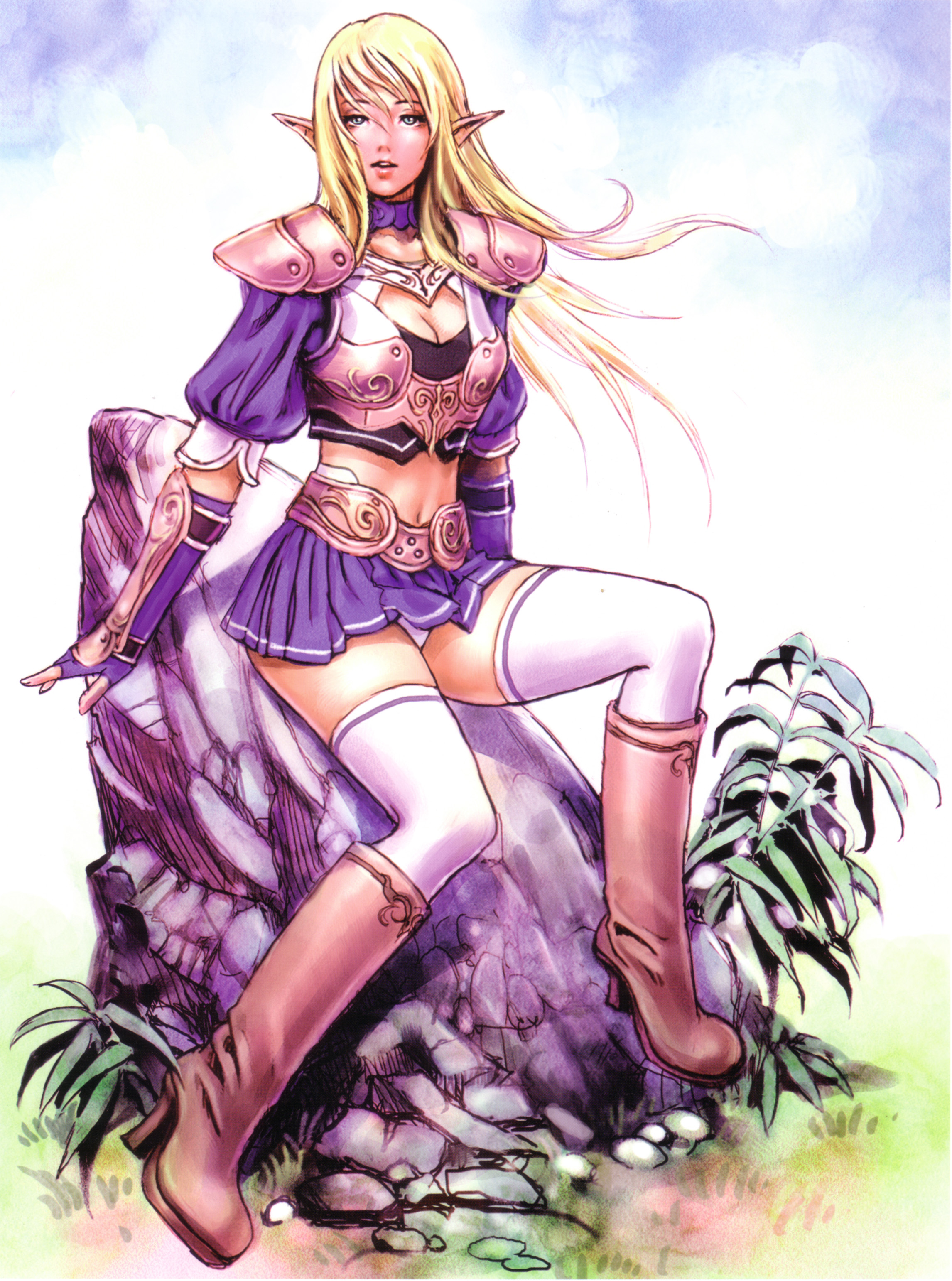 yamashita shun'ya, mugen no fantasia, wild flower, absurdres, highres, 1girl, armor, armored dress, blonde hair, blue eyes, boots, breasts, cleavage, dress, elf, female focus, long hair, midriff, panties, pantyshot, pointy ears, sitting, skirt, solo, thighhighs, underwear, upskirt
