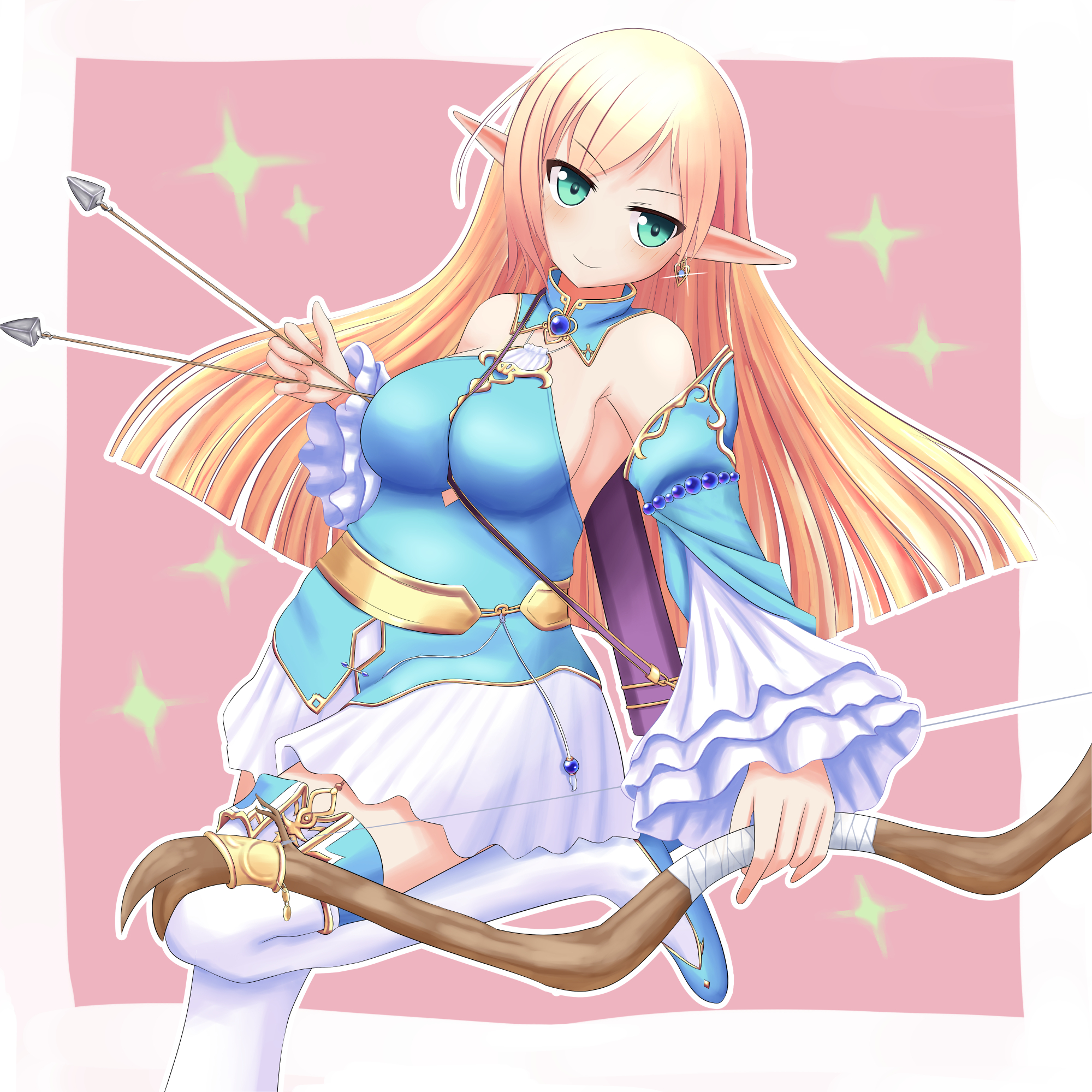 tissesaare stuka machulfka, iris mysteria!, highres, arrow (projectile), blonde hair, blue boots, blue shirt, blue sleeves, boots, bow (weapon), breasts, detached sleeves, earrings, elf, frilled sleeves, frills, gold belt, green eyes, holding, holding arrow, holding bow (weapon), holding weapon, jewelry, large breasts, long hair, pink background, pointy ears, quiver, shirt, skirt, sktv7753, sleeveless, sleeveless shirt, sparkle background, thighhighs, two-tone sleeves, weapon, white skirt, white sleeves, white thighhighs, wide sleeves