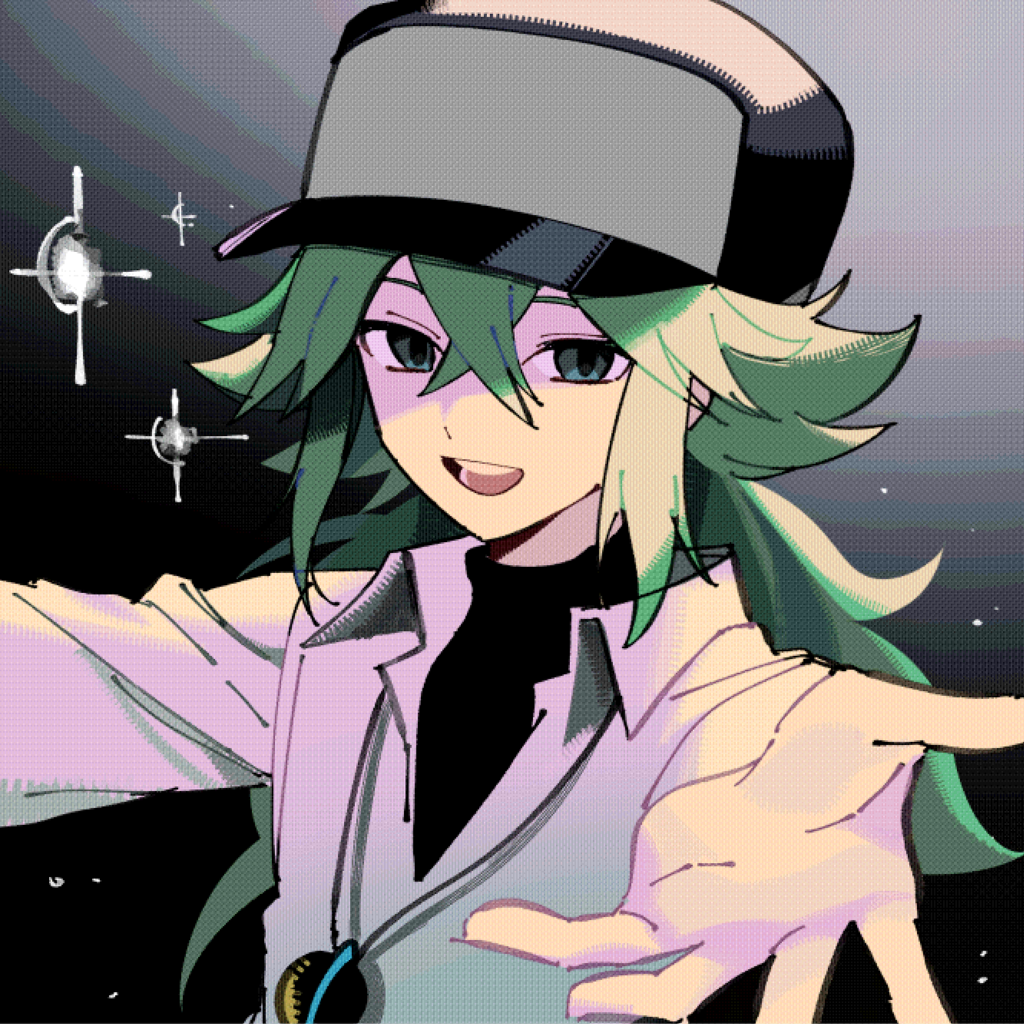 ebi (shrimp eleven), n (pokemon), nintendo, pokemon, pokemon bw, highres, 1boy, baseball cap, collared shirt, green eyes, green hair, hair between eyes, hat, long hair, male focus, open mouth, outstretched arms, shirt, simple background, smile, star (symbol), teeth, undershirt, upper body, upper teeth only, void cube, white shirt