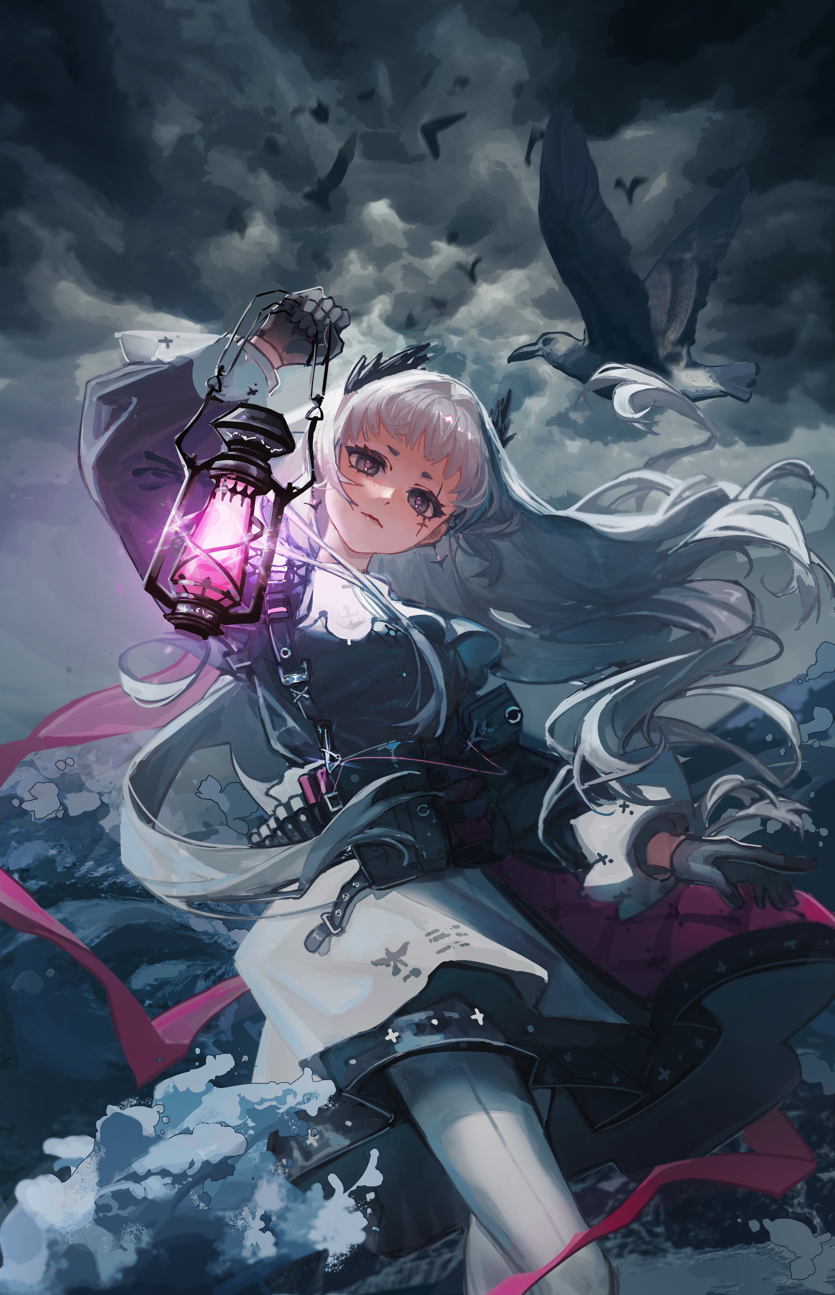 irene (arknights), arknights, absurdres, chinese commentary, commentary request, highres, 1girl, animal, arm up, bird, black bird, black dress, black eyes, black gloves, closed mouth, cloud, dress, front-seamed legwear, gloves, grey dress, grey hair, grey pantyhose, hair intakes, holding, holding lantern, lantern, long hair, long sleeves, looking at viewer, ocean, outdoors, overcast, pantyhose, puffy long sleeves, puffy sleeves, scar, scar across eye, scar on face, seamed legwear, simple bird, sky, solo, splashing, water, wind, yanzhiranjiangshan