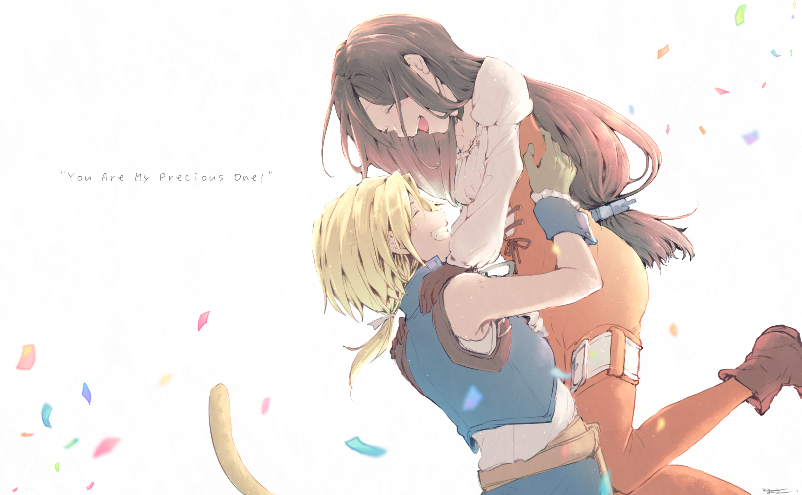 koma kusa, garnet til alexandros xvii, zidane tribal, final fantasy, final fantasy ix, highres, 1boy, 1girl, black choker, blue pants, blue vest, blue wrist cuffs, bodysuit, boots, breasts, brown boots, brown gloves, cat tail, choker, closed eyes, confetti, couple, cropped vest, english text, gloves, grey gloves, grin, hair ornament, hairclip, hetero, juliet sleeves, laughing, long hair, long sleeves, low-tied long hair, low ponytail, medium breasts, open mouth, orange bodysuit, pants, ponytail, puffy sleeves, shirt, short hair, sleeveless, sleeveless shirt, smile, tail, teeth, thigh strap, vest, white background, white shirt, wrist cuffs