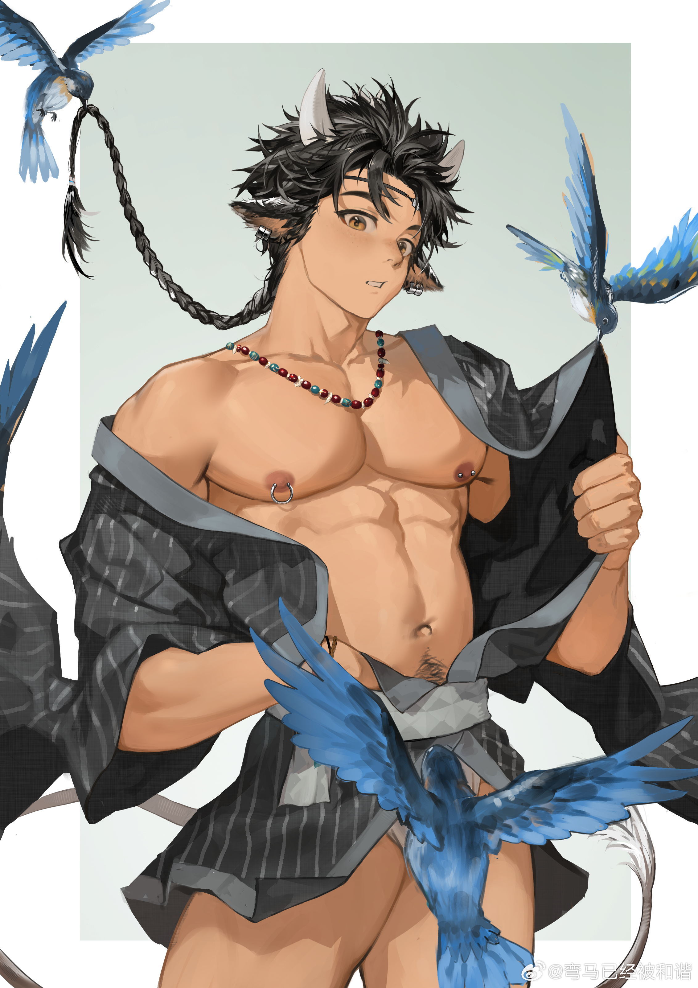 wan ma (wanma222), wan qing (arknights), arknights, absurdres, chinese commentary, highres, translation request, 1boy, abs, animal ears, bara, bird, bird tail, bird wings, black hair, braid, convenient censoring, cow boy, cow ears, cow horns, earrings, feathered wings, fundoshi, horns, japanese clothes, jewelry, looking at viewer, male focus, muscular, muscular male, navel, nipple piercing, nipples, partially undressed, pectorals, piercing, tail, undressing, watermark, weibo watermark, wings