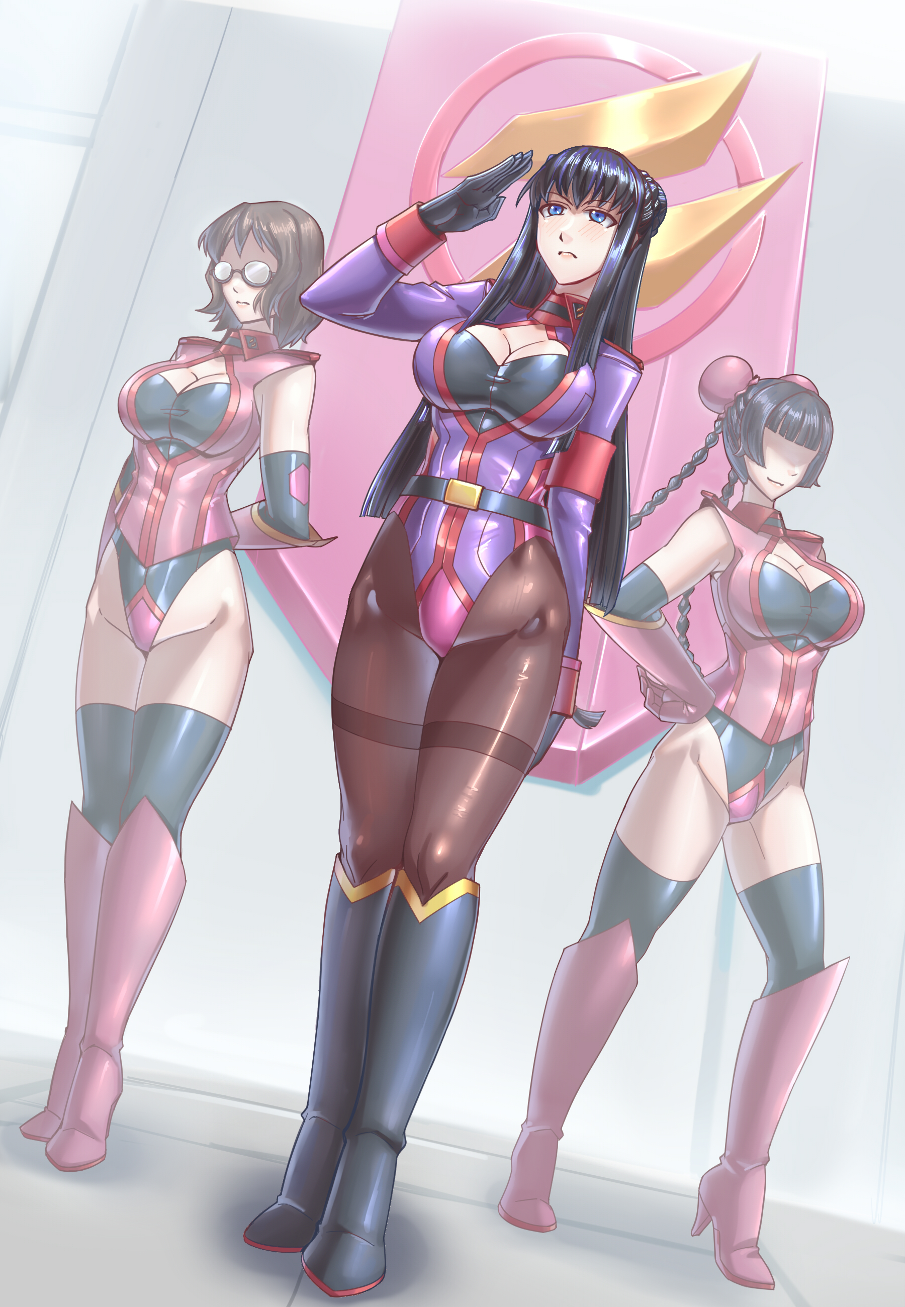 leebigtree, marina ismail, shirin bakhtiar, wang liu mei, gundam, gundam 00, absurdres, commission, highres, pixiv commission, 3girls, black hair, blue eyes, boots, breasts, brown hair, corruption, dark persona, glasses, hand on own hip, high heel boots, high heels, large breasts, leotard, mind control, multiple girls, pantyhose, salute, standing, thighhighs