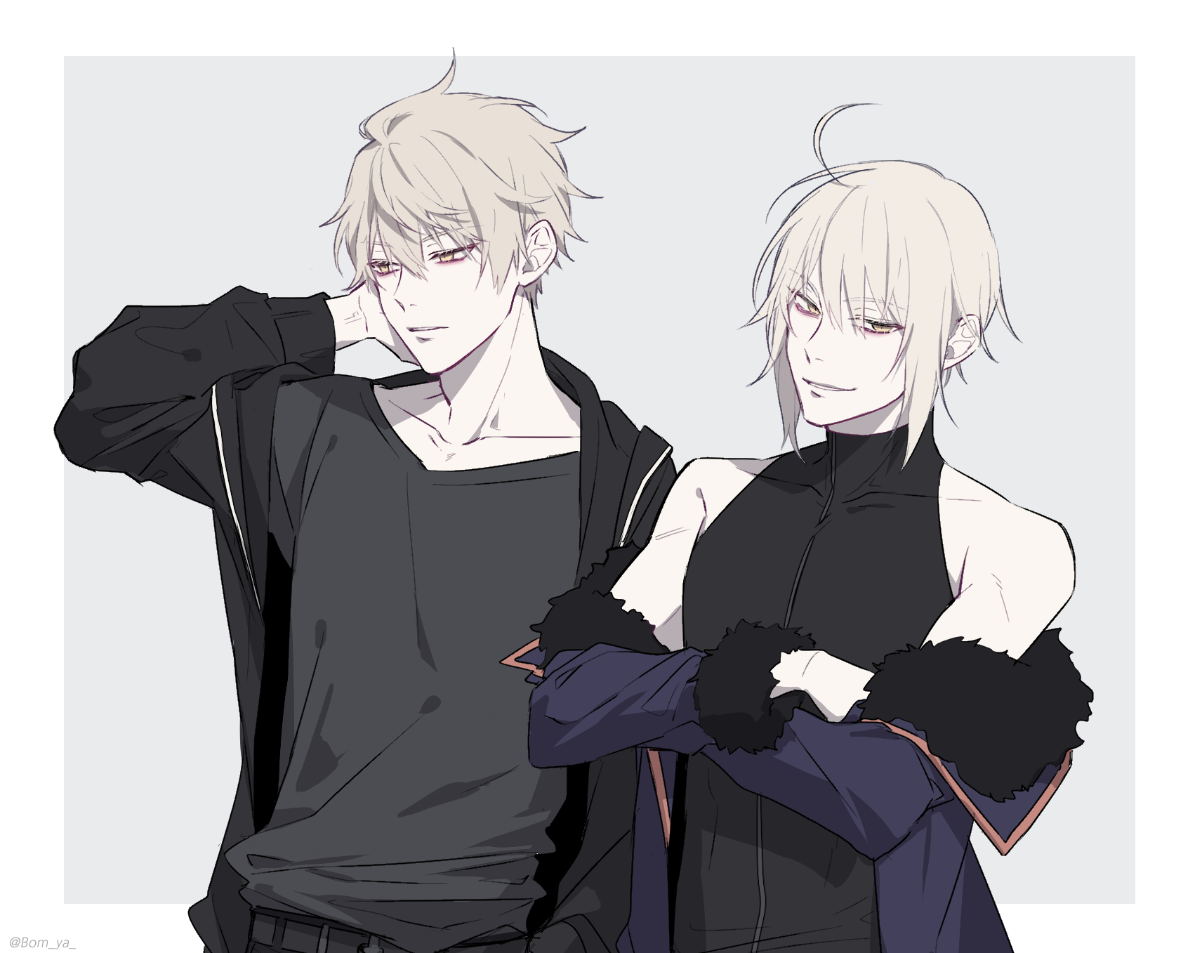 arthur pendragon (fate), arthur pendragon alter (fate), jeanne d'arc alter (avenger) (fate), jeanne d'arc alter (fate), jeanne d'arc alter (ver. shinjuku 1999) (fate), fate/grand order, fate/prototype, fate (series), highres, 2boys, ahoge, artist name, bare shoulders, belt, black belt, black jacket, black tank top, blonde hair, bomya, border, clothes down, collarbone, covered collarbone, crossed arms, fur-trimmed jacket, fur-trimmed sleeves, fur trim, genderswap, genderswap (ftm), grey background, grey shirt, hair between eyes, half-closed eyes, hand on own face, hand up, jacket, lapels, long sleeves, looking at viewer, male focus, multiple boys, open clothes, open jacket, outside border, puffy long sleeves, puffy sleeves, purple jacket, shirt, short hair, sidelocks, simple background, smile, t-shirt, tank top, teeth, upper body, white border, white hair, yellow eyes