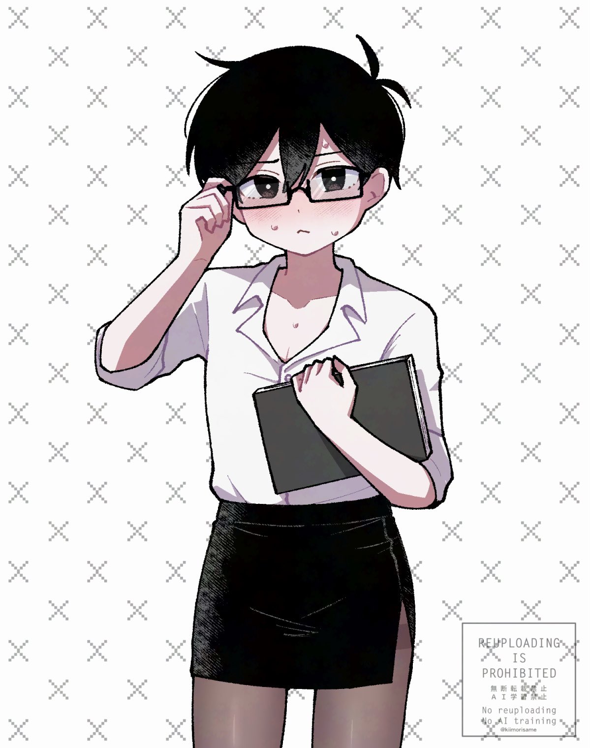 kiimorisame, sunny (omori), omori, highres, 1boy, :<, adjusting eyewear, alternate costume, antenna hair, arm up, bespectacled, black-framed eyewear, black eyes, black hair, black skirt, blush, book, bright pupils, brown pantyhose, closed mouth, collarbone, collared shirt, crossdressing, crossdressing (mtf), double-parted bangs, glasses, hair between eyes, holding, holding book, looking at viewer, male focus, pantyhose, pencil skirt, rectangular eyewear, semi-rimless eyewear, shirt, short hair, short sleeves, skirt, solo, sweat, thighband pantyhose, under-rim eyewear, watermark, white pupils, white shirt
