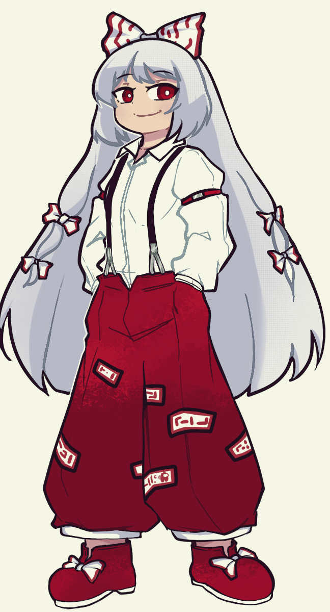 dagger131134 (kama astor), fujiwara no mokou, touhou, highres, 1girl, boots, bow, grey hair, hair bow, hair ribbon, just a chill guy (meme), long hair, long sleeves, meme, ofuda, ofuda on clothes, pants, red boots, red eyes, red pants, ribbon, shirt, smile, suspenders, white background, white bow, white hair, white shirt