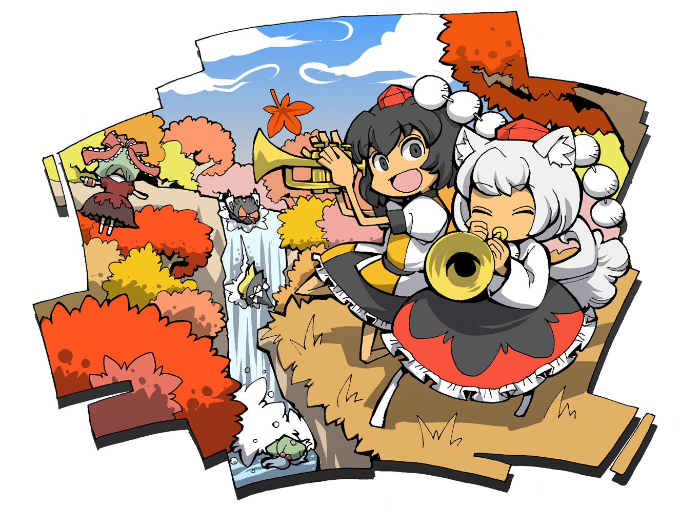 hounori, hakurei reimu, inubashiri momiji, kagiyama hina, kawashiro nitori, kirisame marisa, shameimaru aya, touhou, silver hair, 6+girls, animal ears, black hair, blue hair, falling, female focus, flying, forest, green hair, hat, instrument, long hair, multiple girls, nature, outdoors, plant, short hair, skirt, sky, tail, trumpet, water, white background, wolf ears, wolf tail
