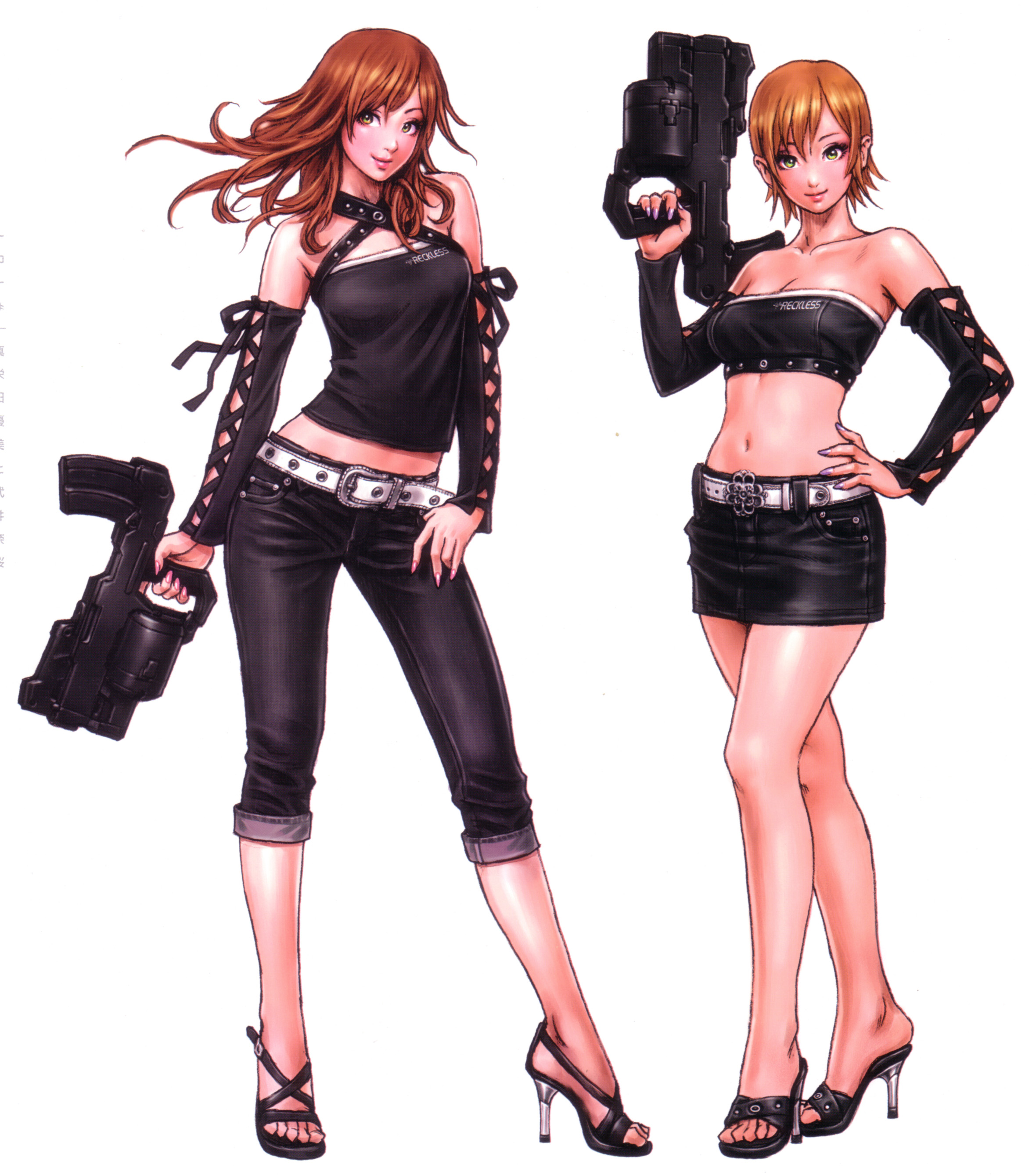 yamashita shun'ya, maeda yumi, takei nao, original, wild flower, absurdres, highres, scan, 2girls, bandeau, bare legs, bare shoulders, belt, belt buckle, black skirt, breasts, brown hair, buckle, capri pants, cleavage, clothes writing, contrapposto, criss-cross halter, cross-laced clothes, denim, detached sleeves, feet, fingernails, floating hair, full body, green eyes, gun, halterneck, hand on own hip, hand on own thigh, high heels, hip focus, holding, holding gun, holding weapon, jeans, light smile, lipstick, long fingernails, long hair, looking at viewer, makeup, medium breasts, midriff, miniskirt, multicolored eyes, multiple girls, nail polish, navel, neck, open shoes, orange eyes, pants, parted bangs, pencil skirt, pink nails, purple nails, ribbon, sandals, shoes, short hair, simple background, skirt, smile, standing, strapless, studded belt, toes, trigger discipline, weapon, white background, yellow eyes