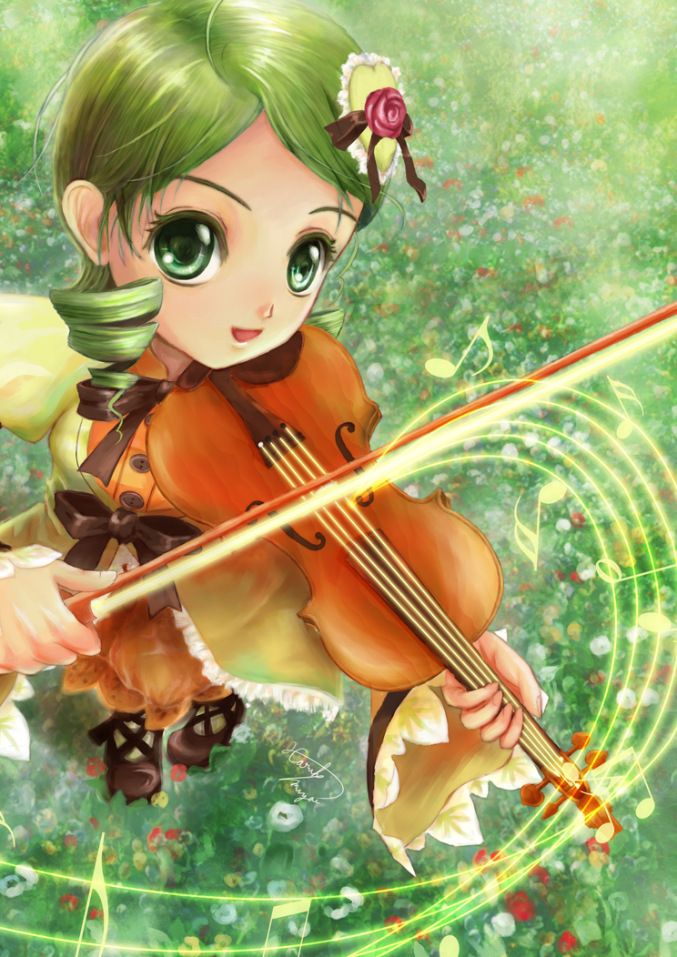 miyai haruki, kanaria, rozen maiden, bad id, bad pixiv id, 00s, 1girl, beamed quavers, bow (music), drill hair, female focus, green eyes, green hair, instrument, matching hair/eyes, miyai hareteru, musical note, musical staff, open mouth, quaver, shoes, short hair, smile, solo, violin