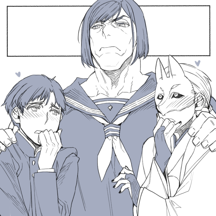 hiryuu (kugelcruor), fox mask (silent hill), iwai shu, shimizu hinako, silent hill (series), silent hill f, 1girl, 2boys, arm around shoulder, black jacket, black nails, black sailor collar, black sclera, black serafuku, blush, bridal gauntlets, colored sclera, fox mask, frown, furrowed brow, gakuran, greyscale, hand to own mouth, jacket, japanese clothes, long hair, low ponytail, mask, monochrome, multiple boys, muscular, muscular female, nail polish, neckerchief, parted lips, ponytail, robe, sailor collar, school uniform, serafuku, short hair, swept bangs, upper body, white background, white hair, white robe