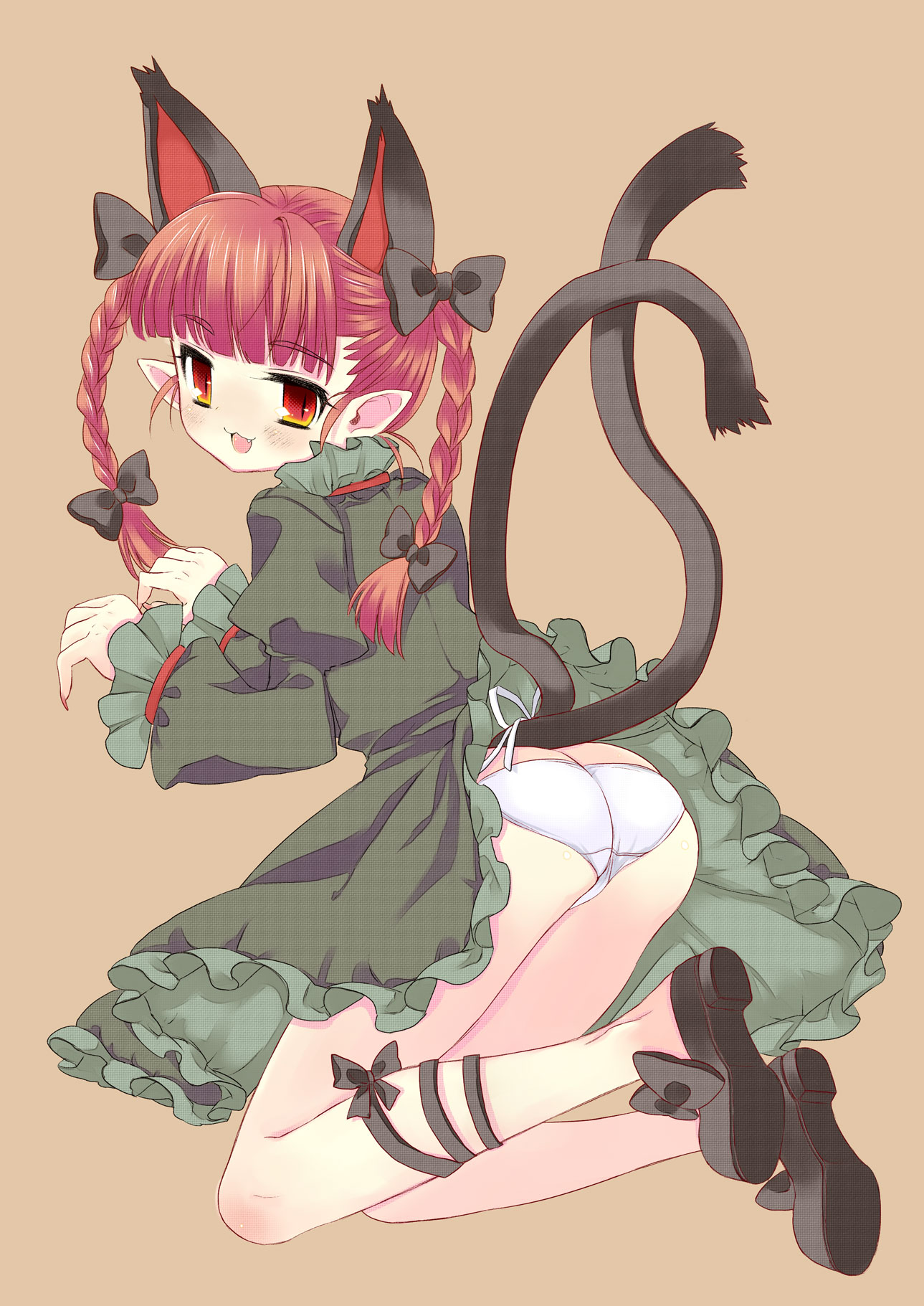 maitou, kaenbyou rin, touhou, highres, 1girl, animal ears, braid, cat ears, cat girl, cat tail, fang, female focus, multiple tails, panties, red eyes, red hair, ribbon, solo, tail, twin braids, underwear