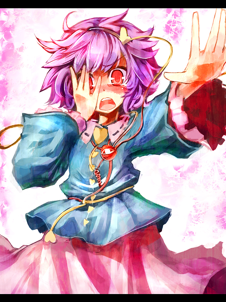 ukyo rst, komeiji satori, touhou, 1girl, blush, female focus, hairband, heart, letterboxed, open mouth, pink hair, purple hair, red eyes, short hair, solo, tears