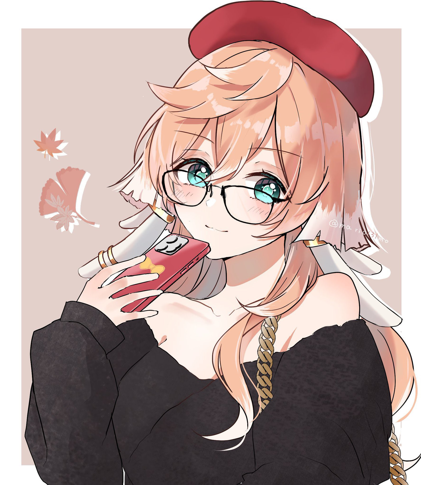 pomemi, yanfei (genshin impact), genshin impact, highres, 1girl, alternate costume, aqua eyes, bare shoulders, beret, bespectacled, black-framed eyewear, black shirt, cellphone, glasses, hat, holding, holding phone, long hair, long sleeves, looking at viewer, off-shoulder shirt, off shoulder, phone, pink hair, red hat, shirt, smartphone, smile, solo, upper body
