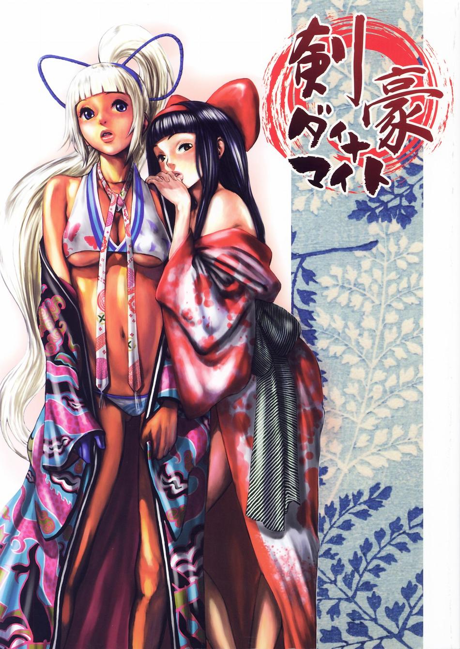 nekoi mie, majikina mina, nakoruru, samurai spirits, snk, highres, 2girls, bare shoulders, black hair, blue eyes, bow, breasts, dark-skinned female, dark skin, large breasts, medium breasts, midriff, multiple girls, ponytail, red bow, underboob, white hair
