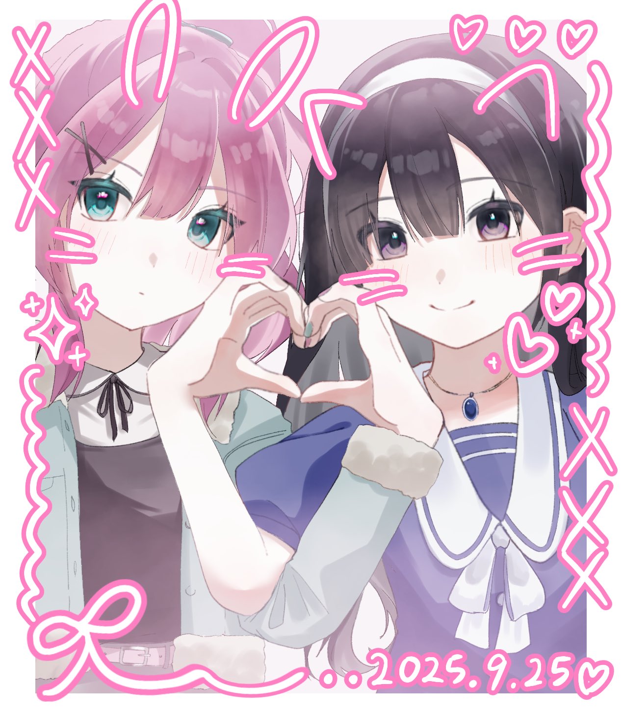 aubrey (faraway) (omori), aubrey (omori), mari (faraway) (omori), mari (omori), omori, highres, 2girls, alternate costume, black eyes, black hair, blue eyes, blue nails, blush, closed mouth, dated, double-parted bangs, hair between eyes, hair ornament, hairband, heart, heart hands, heart hands duo, jewelry, long hair, long sleeves, looking at viewer, multiple girls, necklace, pink hair, pink nails, puepue 11, short sleeves, smile, white hairband, x hair ornament