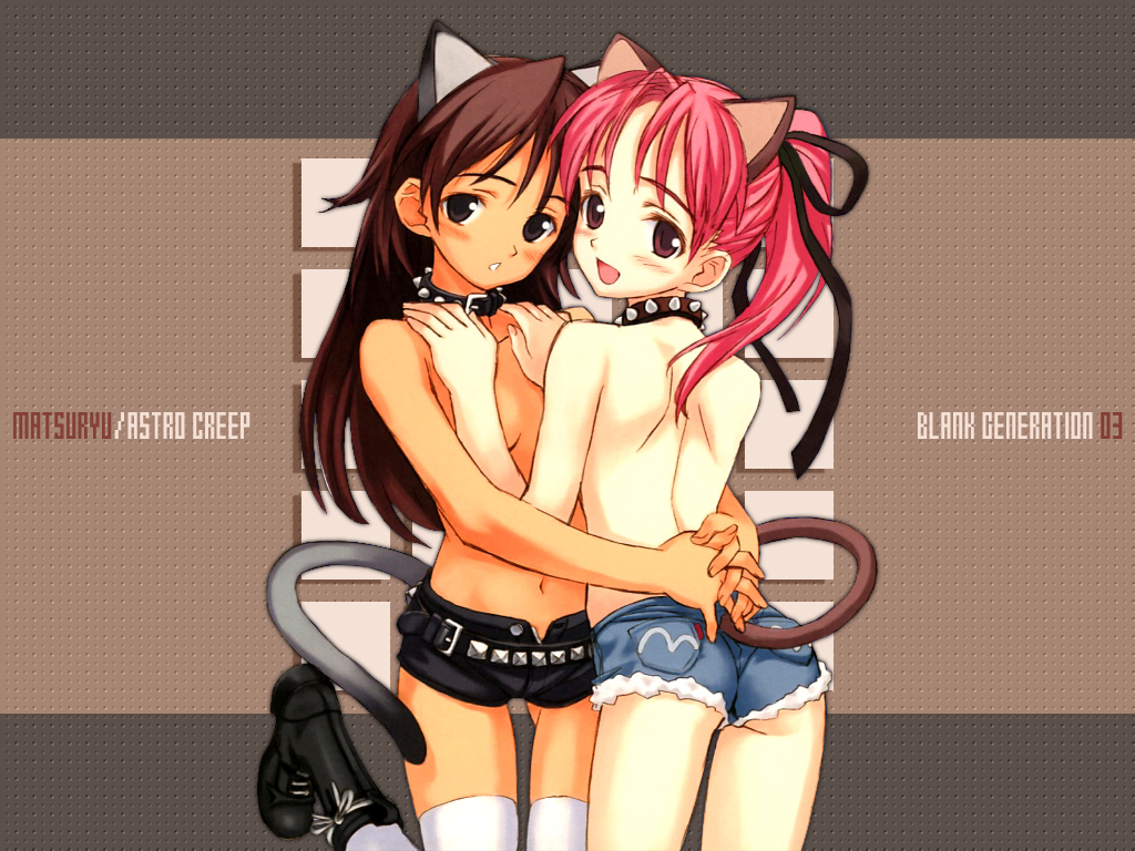 matsuryuu, 2girls, animal ears, arched back, back, belt, blush, boots, bow, cat ears, cat tail, collar, cutoffs, dark-skinned female, dark skin, denim, denim shorts, hair bow, hair ribbon, interlocked fingers, multiple girls, navel, open fly, pocket, ribbon, short shorts, shorts, slave, standing, standing on one leg, studded belt, studded collar, tail, thighhighs, topless female, unzipped, white thighhighs