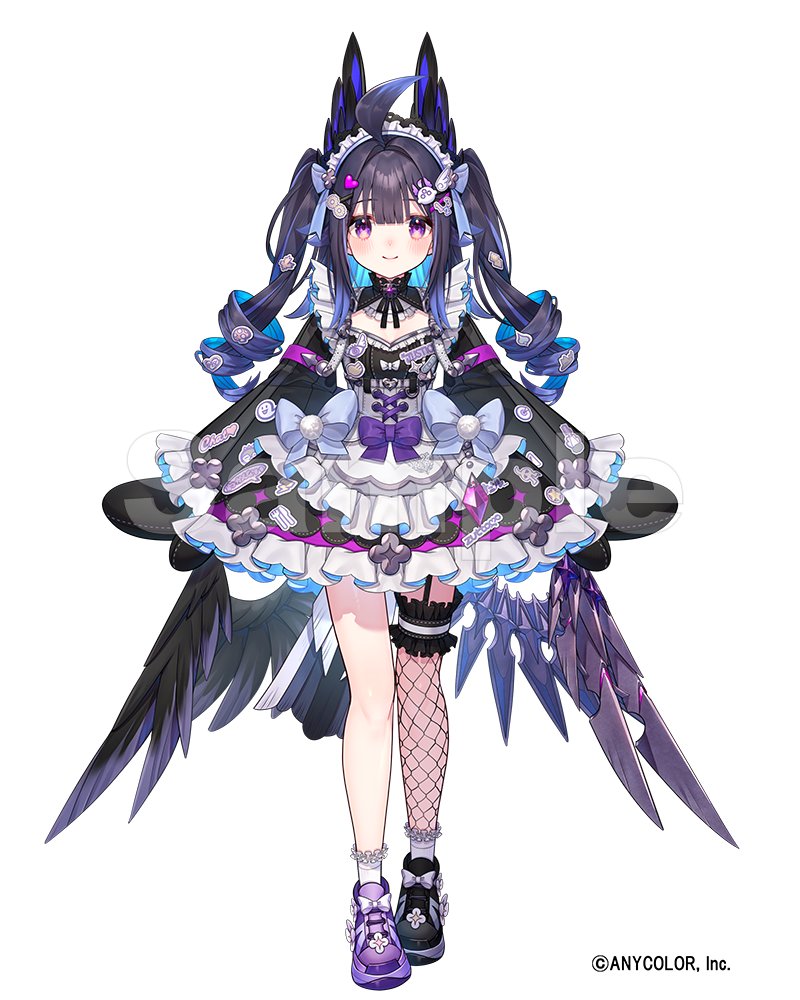 kt. (kaisou-notagui), enna alouette, nijisanji, nijisanji en, official art, 1girl, ahoge, bird tail, black dress, blue hair, blush, copyright notice, decora, dress, enna alouette (decora), fishnet thighhighs, fishnets, frilled dress, frills, full body, garter straps, head wings, long hair, looking at viewer, low wings, maid, maid headdress, mittens, official alternate hair color, purple eyes, purple hair, sample watermark, shoes, simple background, single garter strap, single thighhigh, sneakers, solo, sticker, tachi-e, tail, thighhighs, too many stickers, twintails, virtual youtuber, watermark, white background, wings