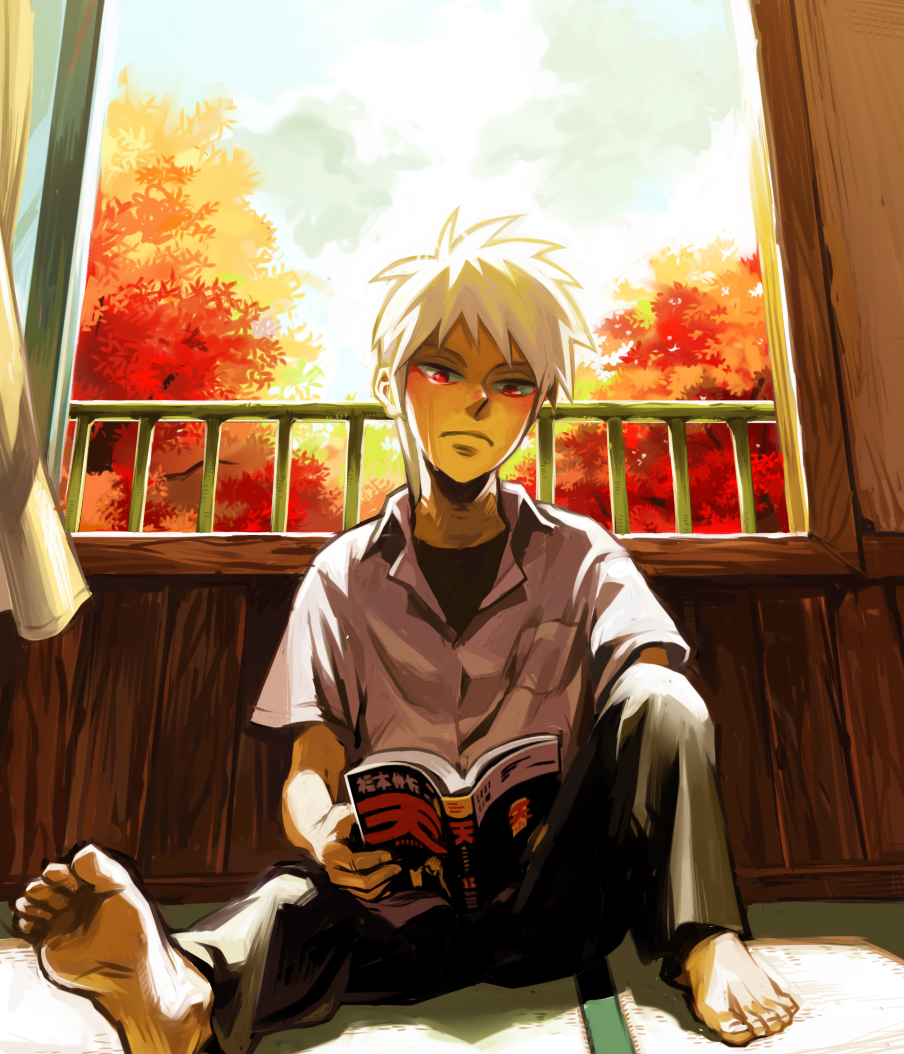 yukihiko, akagi shigeru, akagi, akagi: yami ni oritatta tensai, fukumoto mahjong, ten (manga), 1boy, aged down, barefoot, book, feet, indoors, male focus, open book, reading, red eyes, shirt, solo, tears, time paradox, tree, white hair