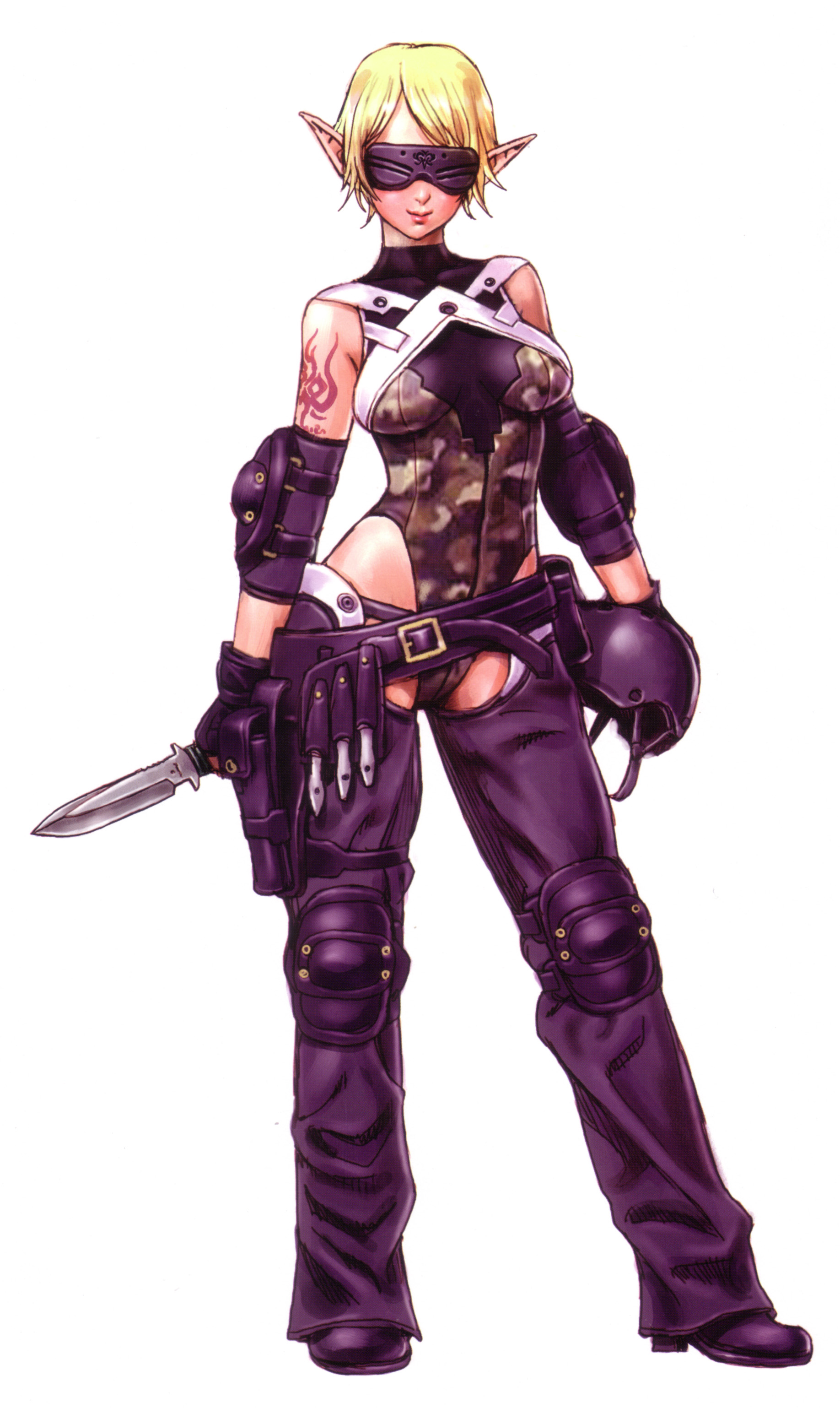 yamashita shun'ya, mugen no fantasia, wild flower, absurdres, highres, 1girl, blindfold, blonde hair, camouflage, elbow pads, female focus, gloves, helmet, holding, holding unworn helmet, knee pads, knife, short hair, solo, tattoo, unworn helmet