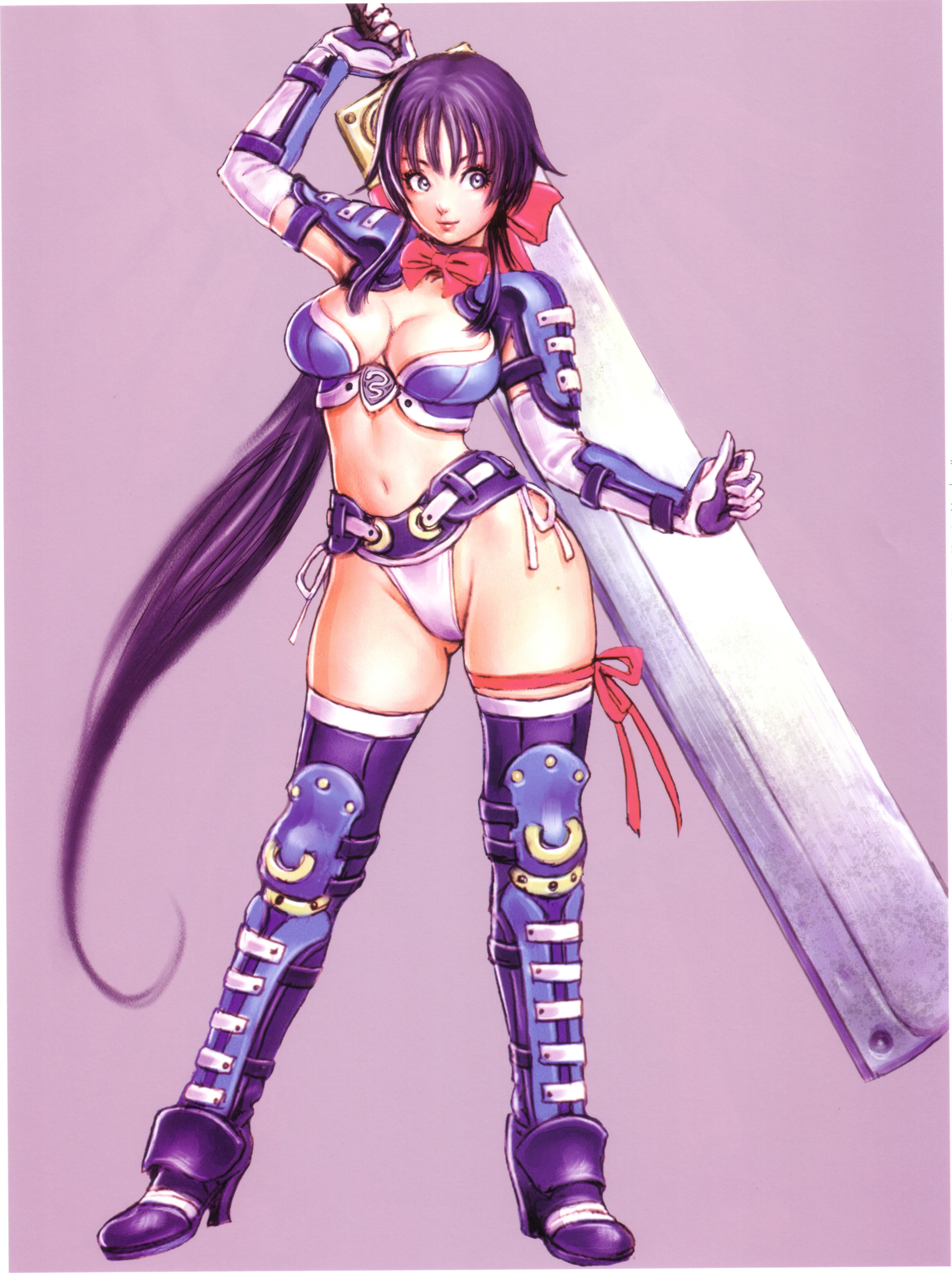 yamashita shun'ya, mugen no fantasia, wild flower, absurdres, highres, 1girl, armor, bikini armor, blue eyes, breasts, cleavage, female focus, huge weapon, large breasts, long hair, midriff, no pants, ponytail, purple hair, ribbon, solo, sword, thighhighs, very long hair, weapon