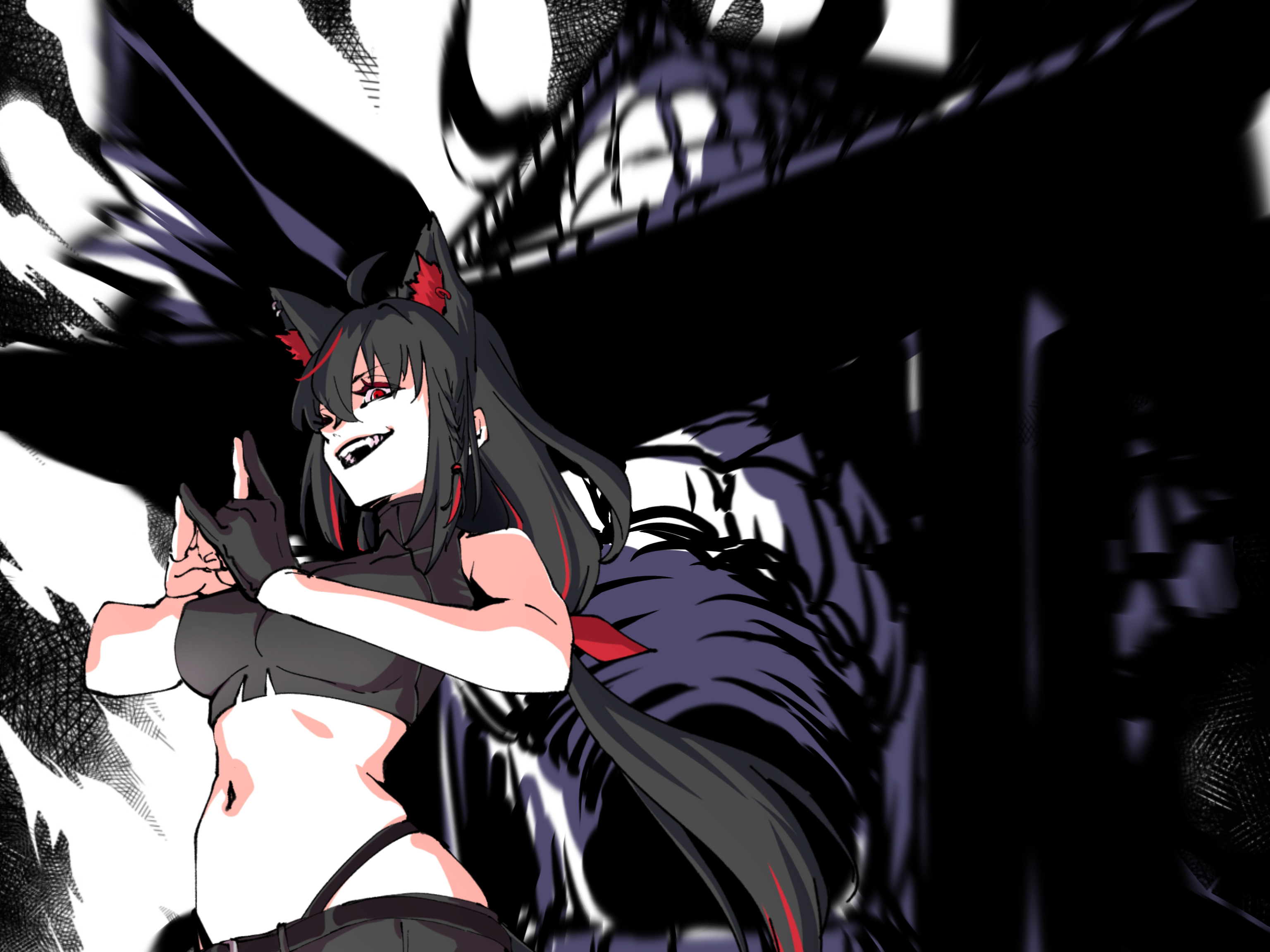 usagimi biri, kurokami fubuki, hololive, jujutsu kaisen, highres, 1girl, ahoge, animal ear fluff, animal ears, bare shoulders, black hair, braid, breasts, dark persona, domain expansion, evil eyes, evil grin, evil smile, fox ears, fox girl, gloves, grin, hair between eyes, long hair, malevolent shrine (jujutsu kaisen), midriff, multicolored hair, navel, open mouth, parody, red eyes, red hair, red streaks, sharp teeth, sidelocks, single braid, single glove, smile, solo, stomach, teeth, upper body