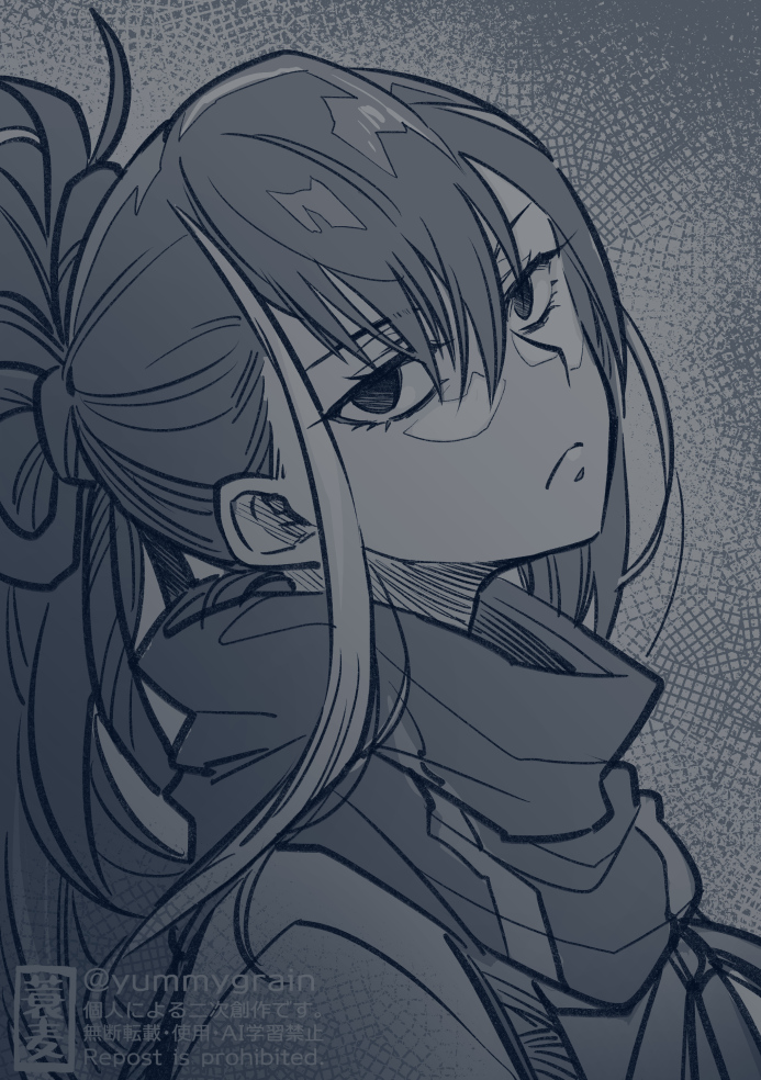 misuke (gyouran), fate/grand order, fate (series), 1girl, black eyes, black hair, expressionless, greyscale, kawakami gensai (fate), long hair, looking at viewer, monochrome, ponytail, scarf, solo, twitter username, upper body, watermark, white hair