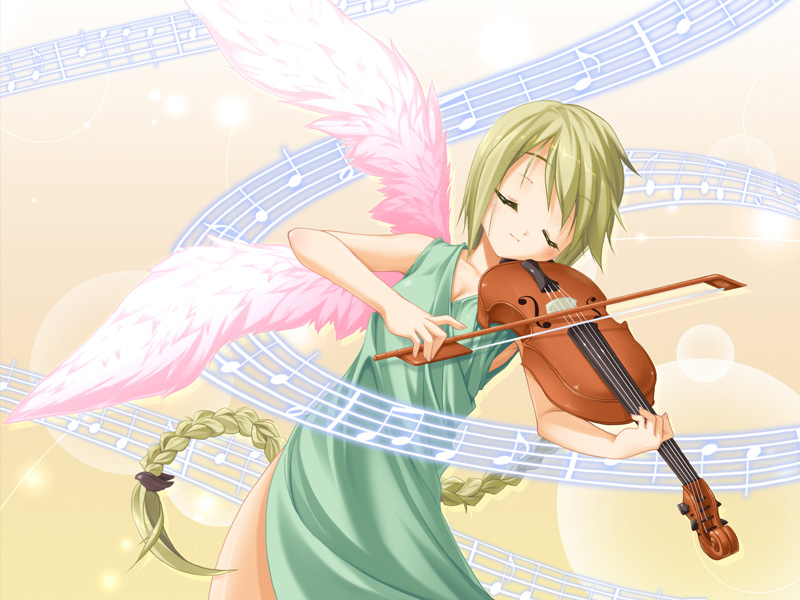 fuu (artist), original, 1girl, beamed quavers, braid, closed eyes, dress, female focus, instrument, long hair, musical note, musical staff, quaver, single braid, solo, very long hair, violin, wings