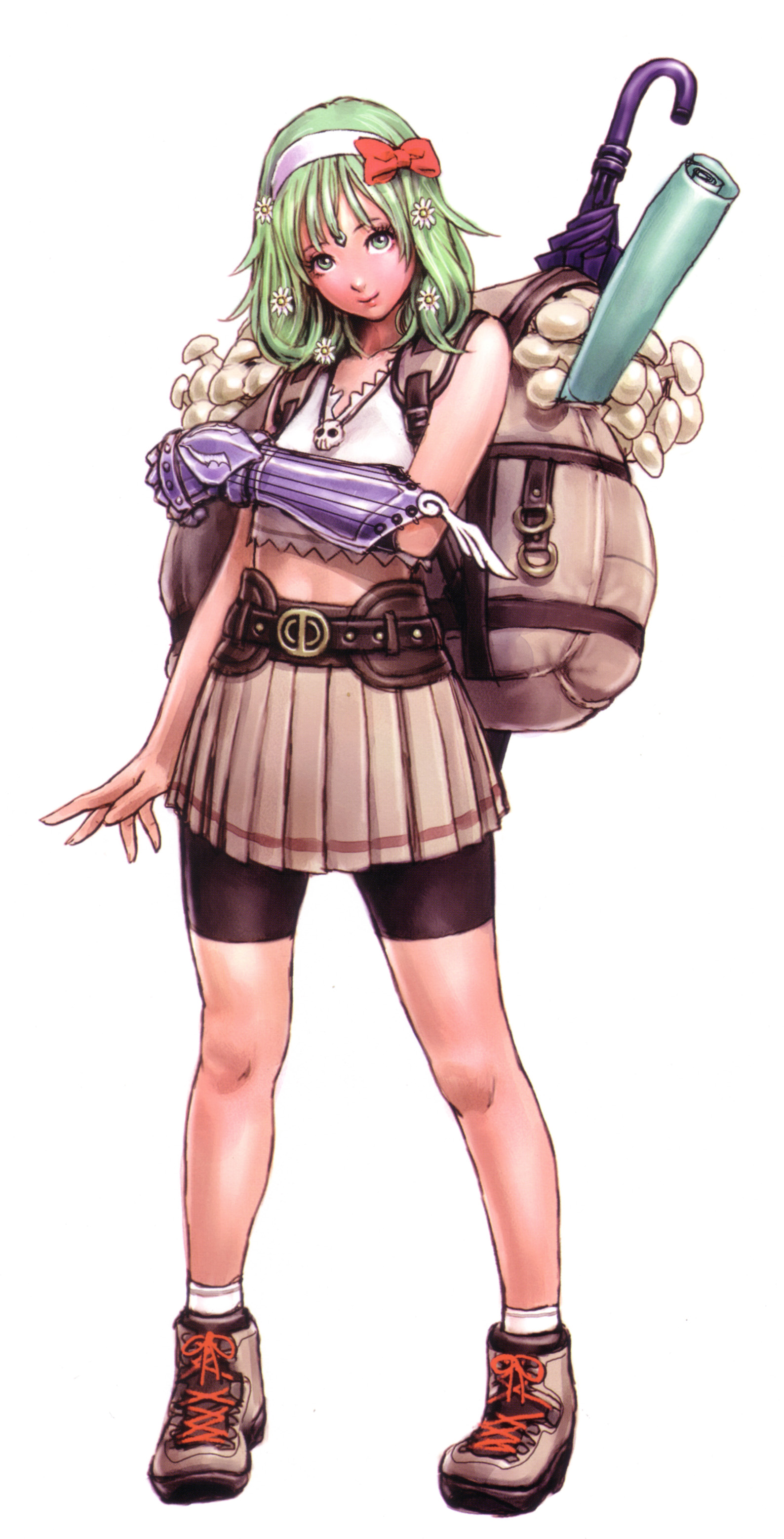 yamashita shun'ya, mugen no fantasia, wild flower, absurdres, highres, 1girl, bike shorts, bike shorts under skirt, female focus, flower, full body, gauntlets, green eyes, green hair, hairband, matching hair/eyes, mushroom, skirt, solo, standing