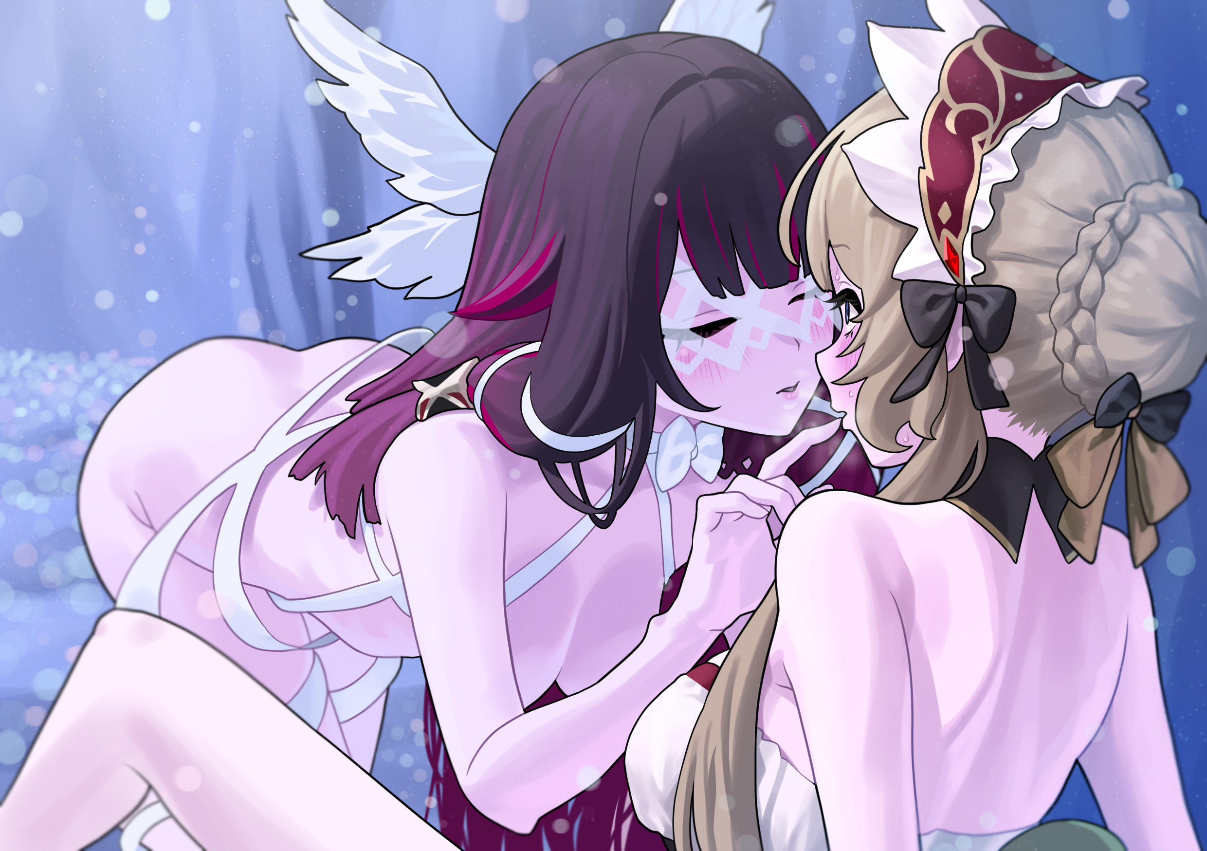 okokorika, columbina (genshin impact), sandrone (genshin impact), genshin impact, highres, 2girls, backless outfit, bandages, bare back, bare shoulders, bent over, black bow, black hair, bow, braid, braided bun, breasts, closed eyes, convenient arm, detached collar, facing another, grey hair, hair bow, hair bun, hairband, head wings, looking at another, medium breasts, multicolored hair, multiple girls, naked bandage, purple hair, red hairband, sitting, streaked hair, upper body, wings, yuri