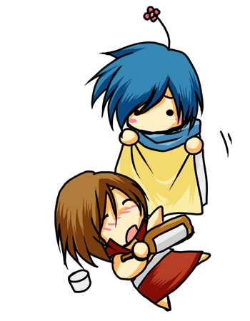 k1, k101, kaito (vocaloid), meiko (vocaloid), vocaloid, lowres, 1boy, 1girl, blanket, blue hair, blue scarf, blush, bottle, brown hair, chibi, drunk, flower, scarf, skirt, sleeping