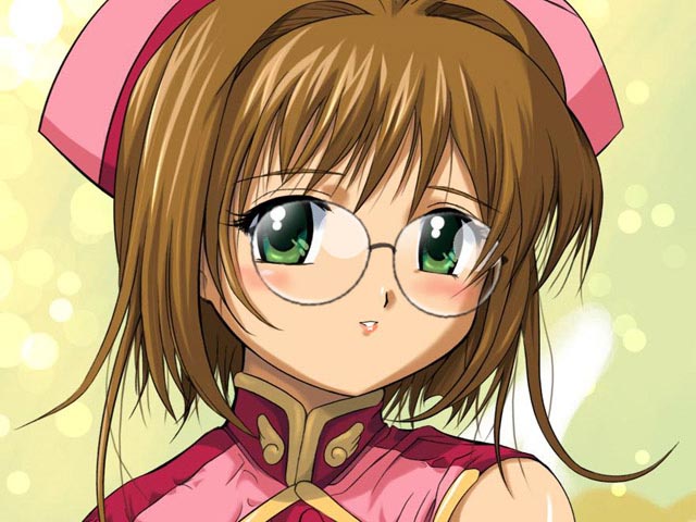kinomoto sakura, cardcaptor sakura, third-party edit, 1990s (style), 1girl, brown hair, child, female focus, glasses, green eyes, hat, pink hat, retro artstyle, short hair, solo