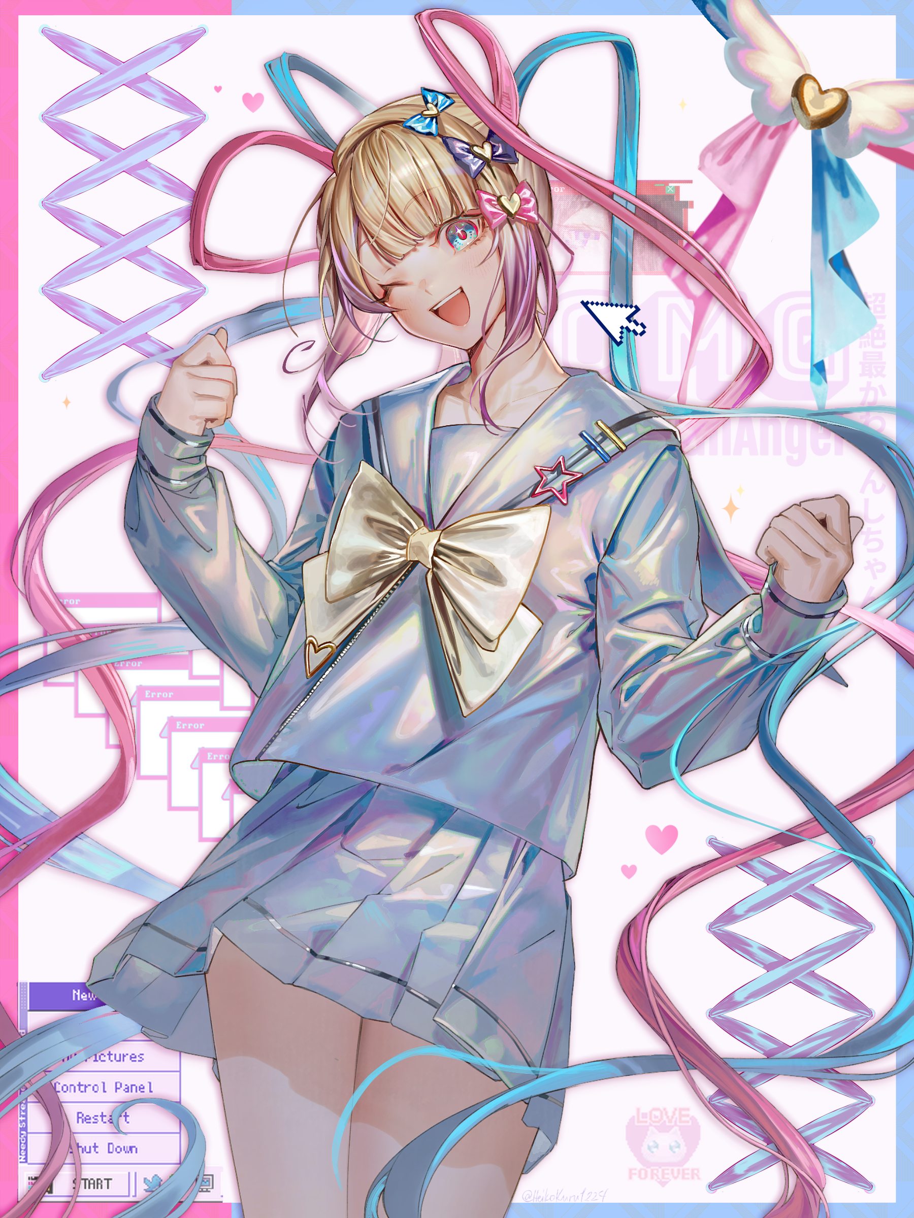 heikokuru1224, chouzetsusaikawa tenshi-chan, needy girl overdose, absurdres, commentary, highres, 1girl, ;d, blonde hair, blue bow, blue eyes, blue hair, blue serafuku, blue shirt, blue skirt, border, bow, cowboy shot, cursor, hair bow, hair ornament, hands up, heart, heart hair ornament, holographic clothing, long hair, long sleeves, looking at viewer, multicolored hair, multiple hair bows, one eye closed, open mouth, pink bow, pink hair, pleated skirt, purple bow, quad tails, sailor collar, school uniform, serafuku, shirt, skirt, smile, solo, standing, window (computing), yellow bow