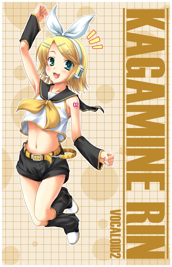 miyai sen, kagamine rin, vocaloid, 1girl, :3, blonde hair, blue eyes, crop top, crop top overhang, detached sleeves, female focus, hair ornament, hairclip, headphones, headset, microphone, midriff, navel, short hair, shorts, solo