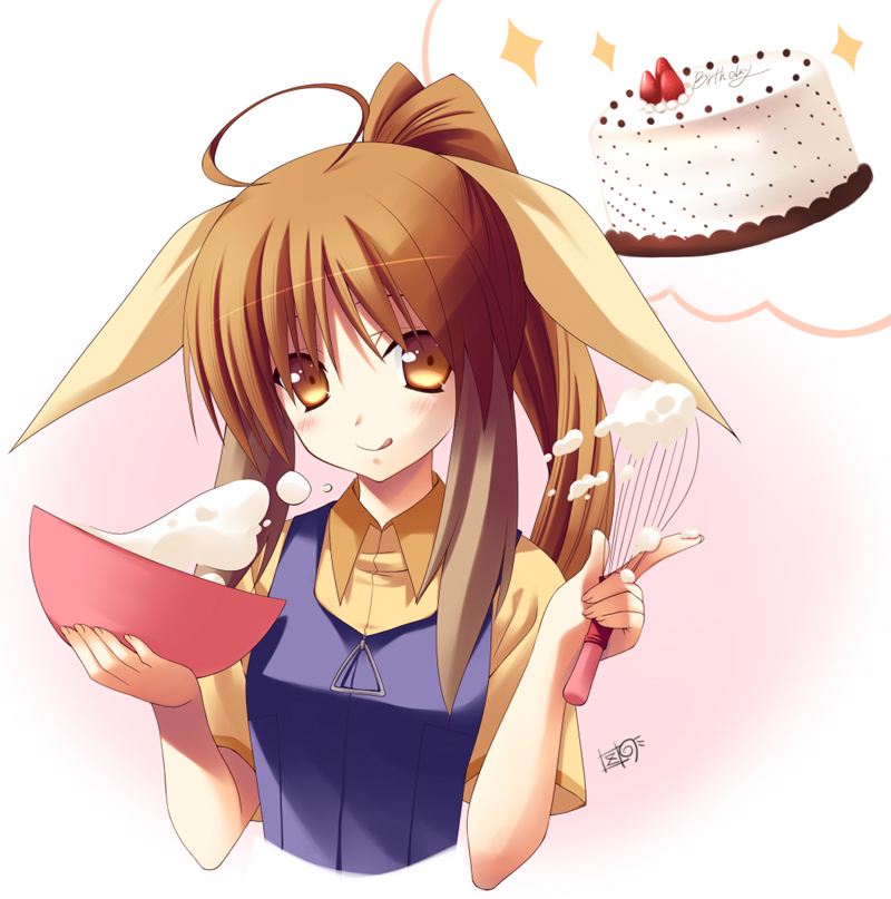 zinno, original, brown eyes, brown hair, cake, cooking, food, long hair, pastry, ponytail, solo