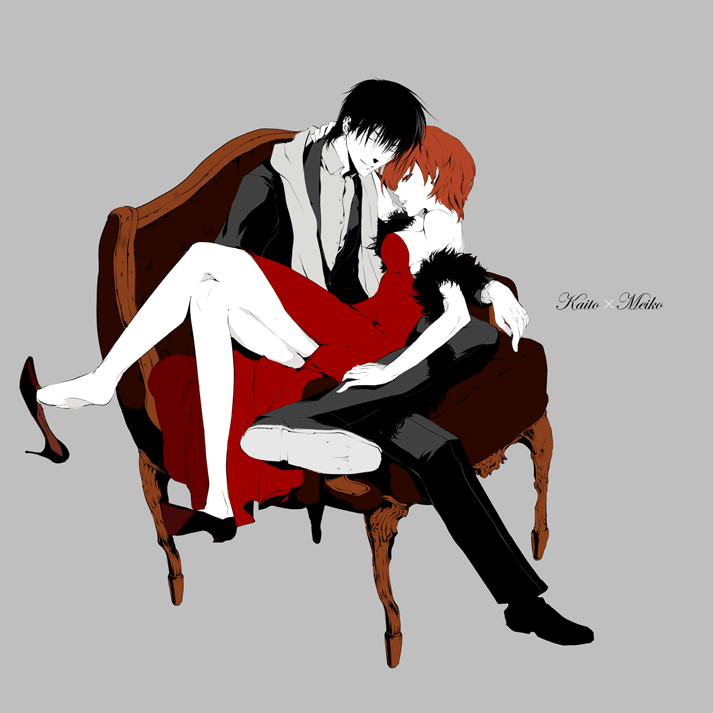 smi, smi (enraku), kaito (vocaloid), meiko (vocaloid), vocaloid, bad id, bad pixiv id, 1boy, 1girl, black hair, brown hair, couple, dress, formal clothes, hetero, high heels, scarf, shoe dangle, shoes, suit