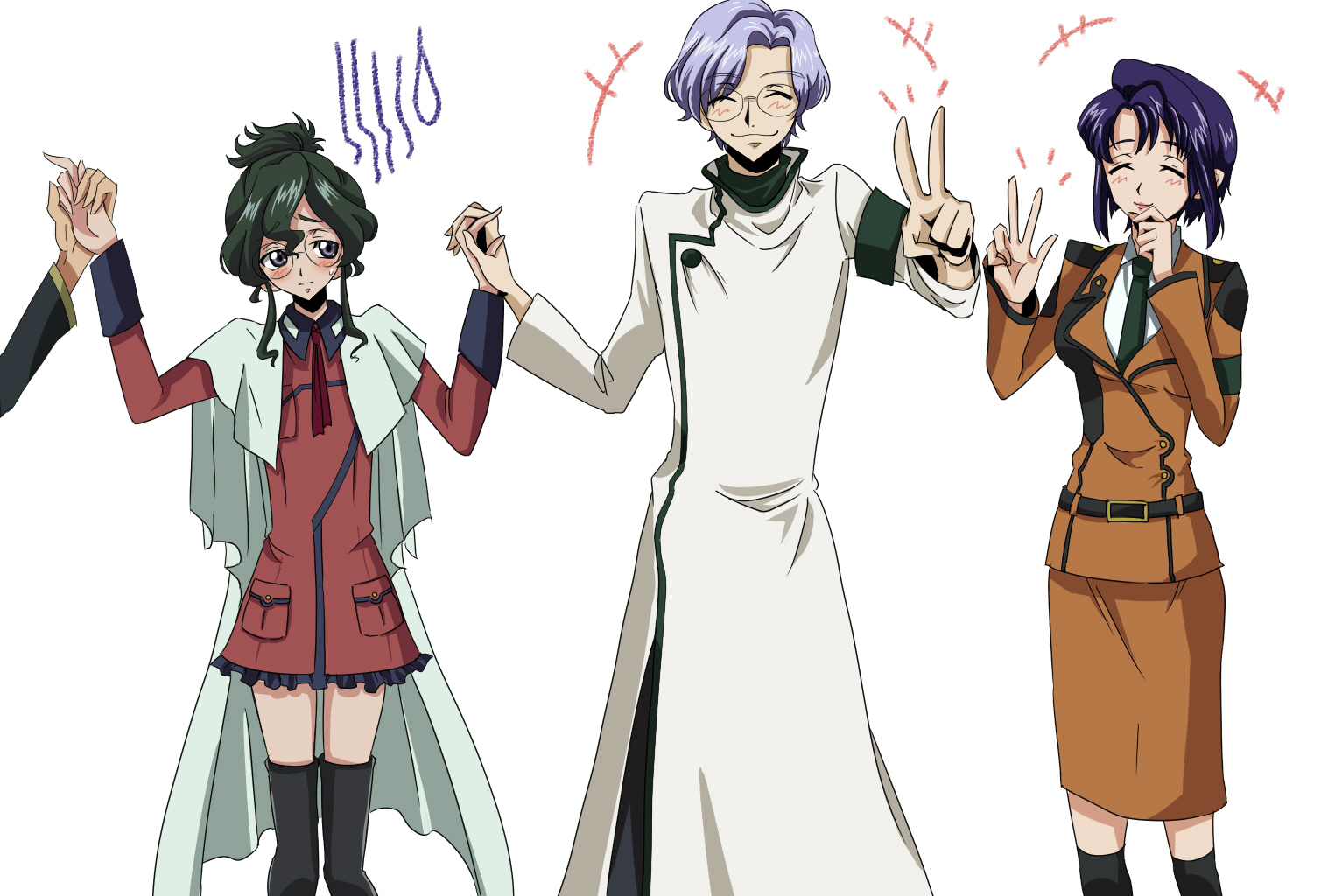 freckle, furekuru (freckle), cecile croomy, lloyd asplund, nina einstein, code geass, 00s, 1boy, 2girls, black hair, blue eyes, blue hair, closed eyes, dress, glasses, holding hands, multiple girls, short hair, smile, thighhighs, v