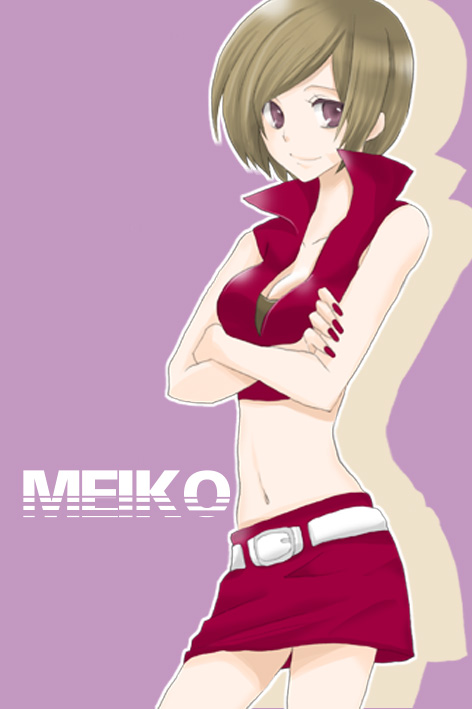 matsyumaro, meiko (vocaloid), vocaloid, bad id, bad pixiv id, 1girl, brown hair, crossed arms, female focus, navel, pencil skirt, short hair, simple background, skirt, smile, solo