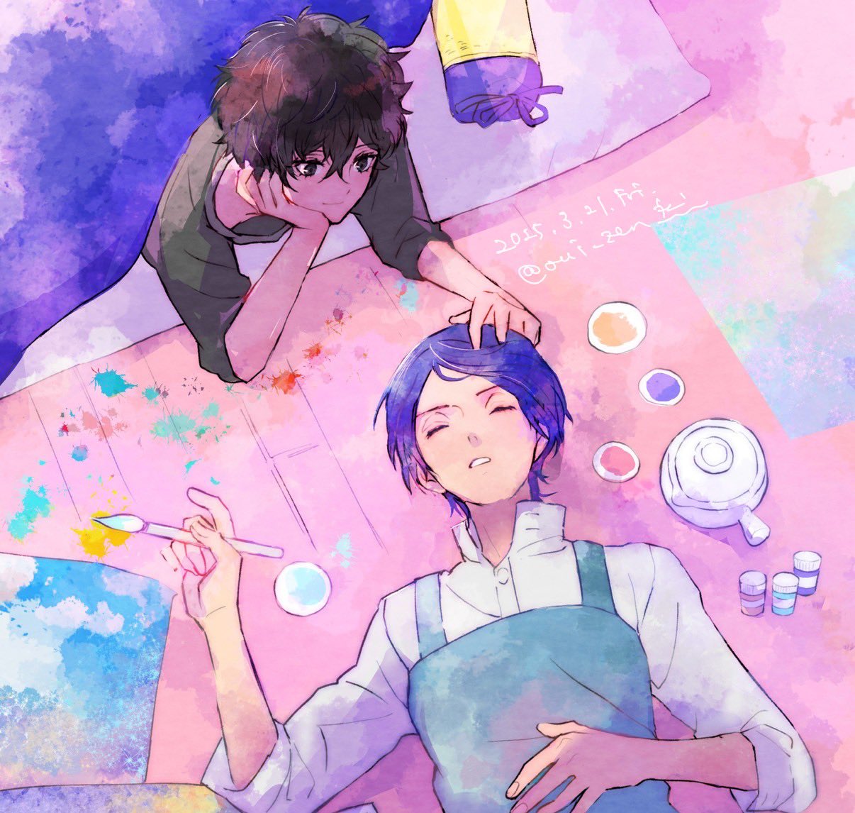 oui zen, amamiya ren, kitagawa yuusuke, persona, persona 5, commentary request, 2boys, apron, black eyes, black hair, black shirt, blanket, blue apron, blue hair, closed eyes, closed mouth, crossed bangs, dated, hair between eyes, hand on another's head, hand on own face, hand on own stomach, looking at another, lying, male focus, multiple boys, on back, on floor, paint, paint splatter, painting (object), shirt, short hair, sleeves rolled up, smile, twitter username, under covers, watercolor effect, white shirt, yaoi