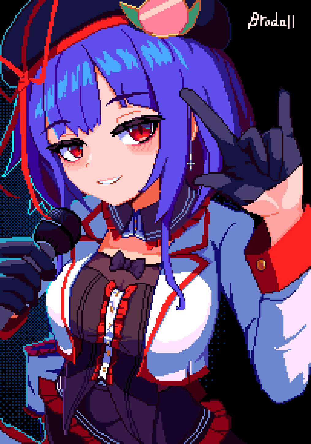brodall pixel, nagae iku, touhou, commentary, highres, 1girl, m/, alternate costume, artist name, black gloves, black vest, blush, breasts, cleavage, gloves, half gloves, hat, holding, holding microphone, idol, jacket, long sleeves, looking at viewer, medium breasts, medium hair, microphone, open clothes, open jacket, peach hat ornament, pixel art, purple hair, red eyes, smile, solo, teeth, upper body, vest, white jacket