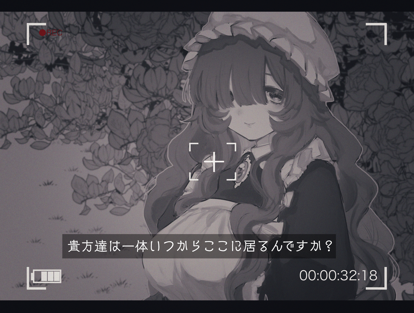 eurasia (wtp09ptw14), francoise (eurasia), original, commentary request, highres, translation request, 1girl, apron, battery indicator, breasts, brooch, closed mouth, dress, frilled apron, frills, greyscale, hair over one eye, hat, jewelry, large breasts, long bangs, long hair, looking at viewer, maid, maid apron, mob cap, monochrome, one eye covered, recording, smile, solo, subtitled, upper body, viewfinder, wavy hair