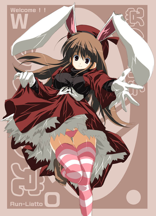 yaegashi nan, mikage subaru, comic party, 00s, 1girl, animal ears, beret, breasts, clothes lift, female focus, gloves, hat, large breasts, panties, rabbit ears, reaching, skirt, skirt lift, solo, striped clothes, striped thighhighs, thighhighs, underwear, upskirt