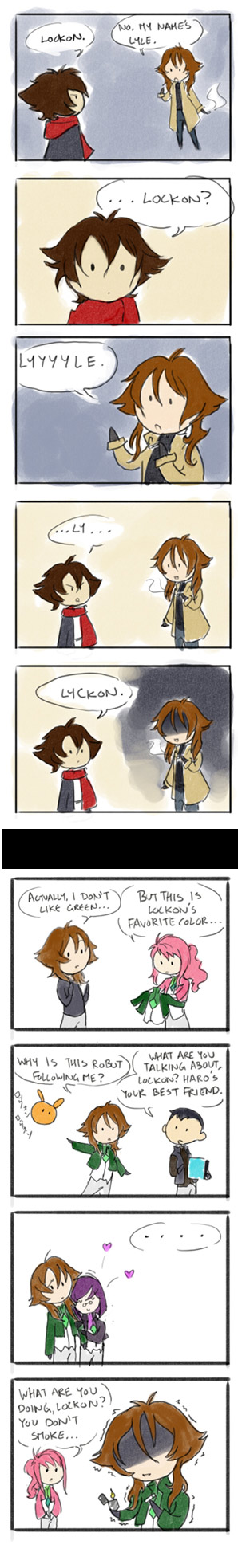 feldt grace, lockon stratos, lyle dylandy, setsuna f. seiei, gundam, gundam 00, highres, long image, tall image, 00s, 1girl, 4boys, comic, english text, multiple boys