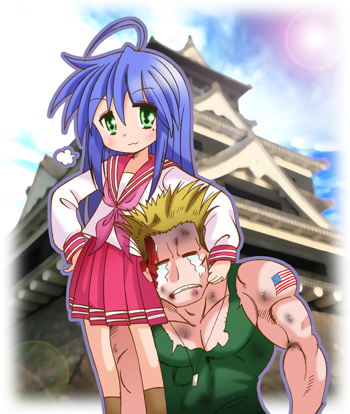 yamasaki wataru, guile, izumi konata, capcom, lucky star, street fighter, bad id, bad pixiv id, 00s, 1boy, 1girl, :3, ahoge, american flag, american flag tattoo, blood, bruise, crossover, injury, lens flare, mole, mole under eye, tattoo, tears, torn clothes