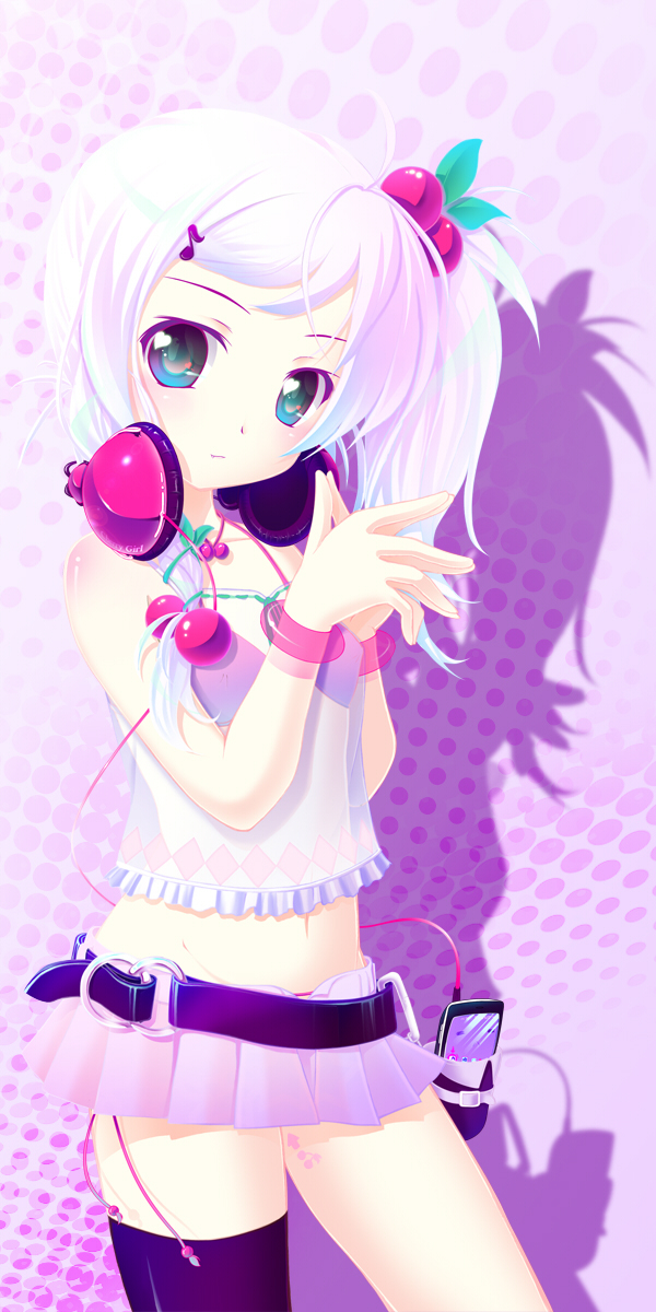 hinasaki you, original, highres, 1girl, arrow (symbol), asymmetrical clothes, bare arms, black thighhighs, blue eyes, cherry, cowboy shot, female focus, food, fruit, hair ornament, headphones, headphones around neck, long hair, looking at viewer, microskirt, midriff, miniskirt, musical note, musical note hair ornament, navel, pink hair, ponytail, quaver, see-through clothes, side ponytail, single thighhigh, skirt, sleeveless, solo, tattoo, thighhighs