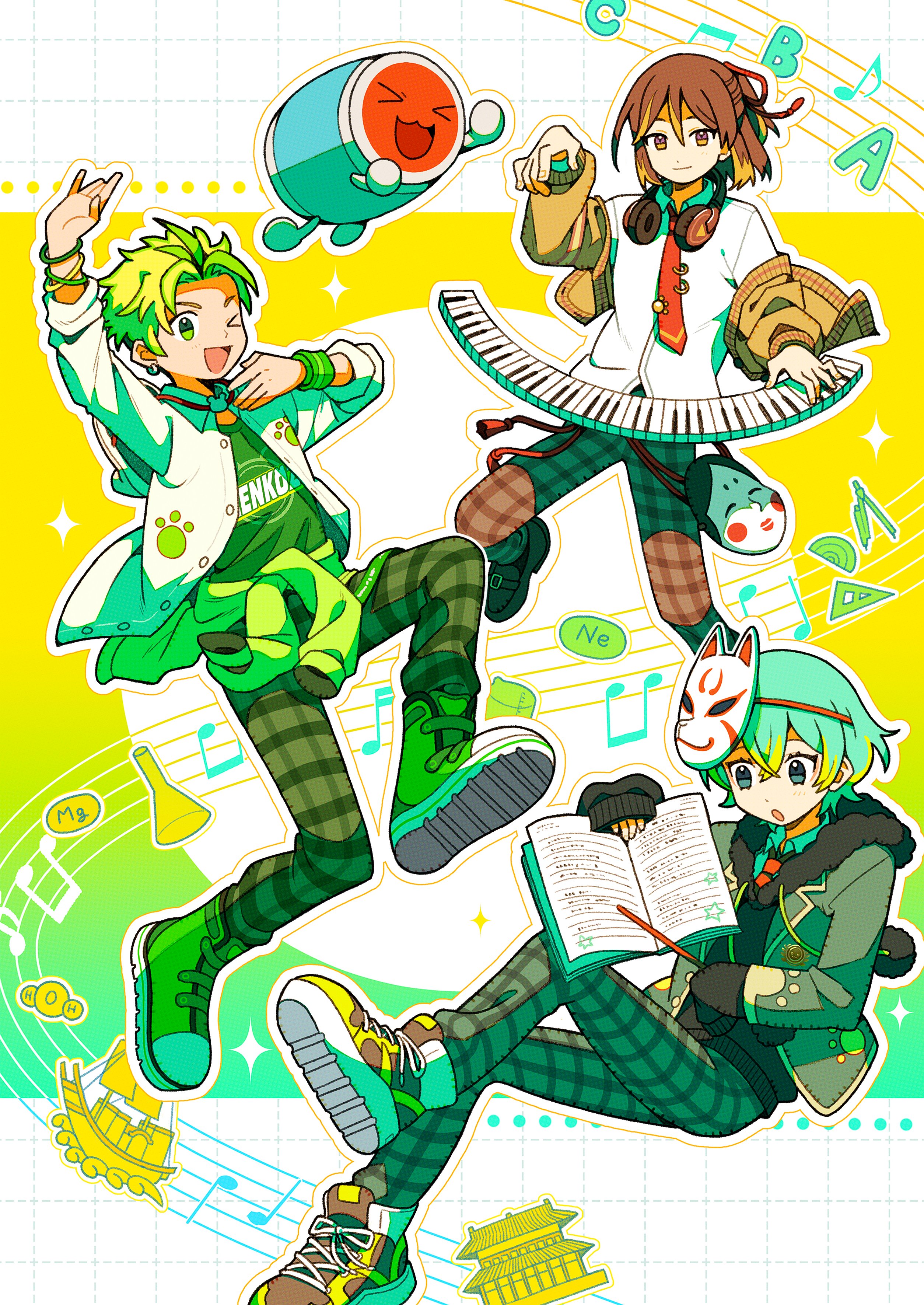 tenteko mai51, wada don, bandai namco, taiko no tatsujin, absurdres, commentary request, highres, official art, second-party source, > <, 3boys, alphabet, androgynous, animal ear hood, animal ears, anime coloring, aqua hair, architecture, arms up, beamed eighth notes, bear ears, bear ornament, bishounen, black hood, black hoodie, black sleeve cuffs, black sleeves, blonde hair, blush, book, boots, bracelet, brown hair, brown jacket, brown pants, brown shoes, brown sleeve cuffs, brown sleeves, buttons, closed eyes, closed mouth, clothes around waist, clothes down, collarbone, collared shirt, colored bangs, crossed bangs, dot nose, double-parted bangs, drawstring, dress shirt, drum, earrings, east asian architecture, eighth note, english text, erlenmeyer flask, fake animal ears, flask, fox mask, full body, fur hood, gold buttons, green boots, green eyes, green hair, green jacket, green pants, green shirt, green sleeves, grey pants, grid background, hair between eyes, headphones, holding, holding notebook, hood, hood down, hoodie, humanization, hyottoko mask, instrument, jacket, jacket around waist, jewelry, kabuki kid (hyottoko) (taiko no tatsujin), kabuki kid (hyottoko) (wadiverse) (taiko no tatsujin), kabuki kid (kitsune) (taiko no tatsujin), kabuki kid (kitsune) (wadiverse) (taiko no tatsujin), kabuki kid (okame) (taiko no tatsujin), kabuki kid (okame) (wadiverse) (taiko no tatsujin), komachi beni, lapels, layered sleeves, legs apart, light blush, loafers, logo print, long shirt, long sleeves, looking at object, looking at viewer, mask, mask around neck, mask on head, multicolored eyes, multicolored hair, multiple boys, musical note, necktie, nose, notched lapels, notebook, okame (mask), open book, open clothes, open jacket, open mouth, open shirt, orange hair, outline, pants, paw print, paw print ornament, piano keys, piercing, plaid clothes, plaid pants, plaid shoes, pom pom (clothes), ponytail, print jacket, print shirt, profile, protractor, purple eyes, red necktie, sailing ship, saturated, set square, ship, shirt, shoe soles, shoes, short hair, sidelocks, silver earrings, single hair intake, single sleeve past fingers, sleeve cuffs, sleeves past wrists, sleeves rolled up, smile, solid circle eyes, sparkle, spiked hair, star (symbol), streaked hair, sweater jacket, t-shirt, taiko drum, text print, three-quarter sleeves, tongue, tsurime, two-tone eyes, two-tone hair, unbuttoned, unbuttoned shirt, undercut, unworn mask, very short hair, watercraft, white mask, white shirt, white sleeve cuffs, white sleeves, wing collar, wristband, yellow eyes, yellow outline