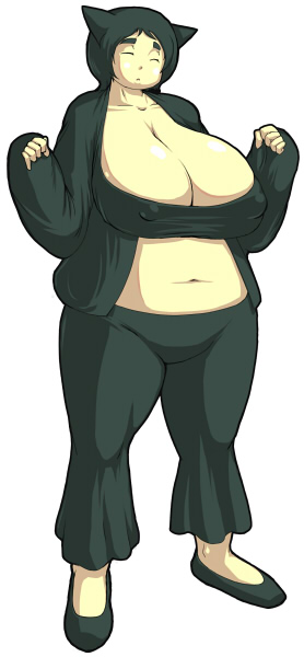 sasaki tatsuya, snorlax, nintendo, pokemon, 1girl, animal ears, breasts, closed mouth, costume, covered erect nipples, dot mouth, fat, female focus, gen 1 pokemon, huge breasts, personification, plump, simple background, solo, thighs, white background